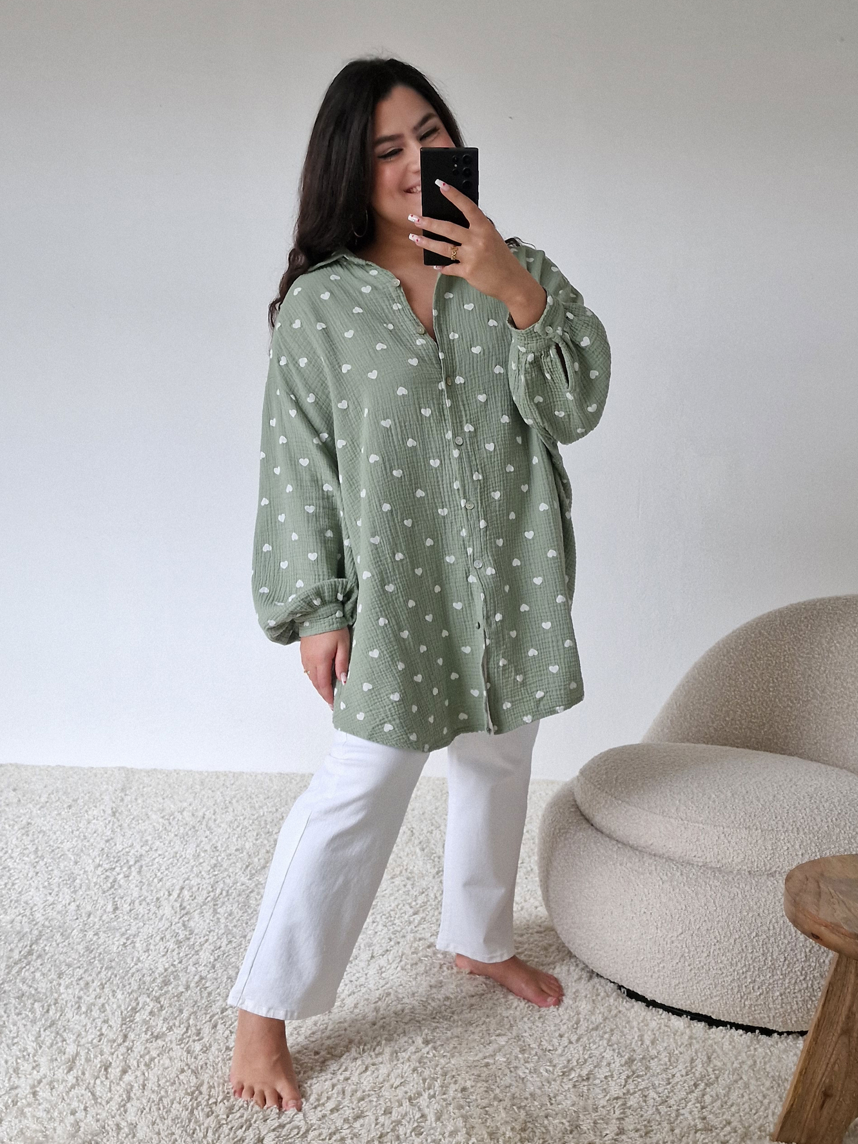 Musselin Long Oversize Bluse - Must Have - LOULOU - Matcha