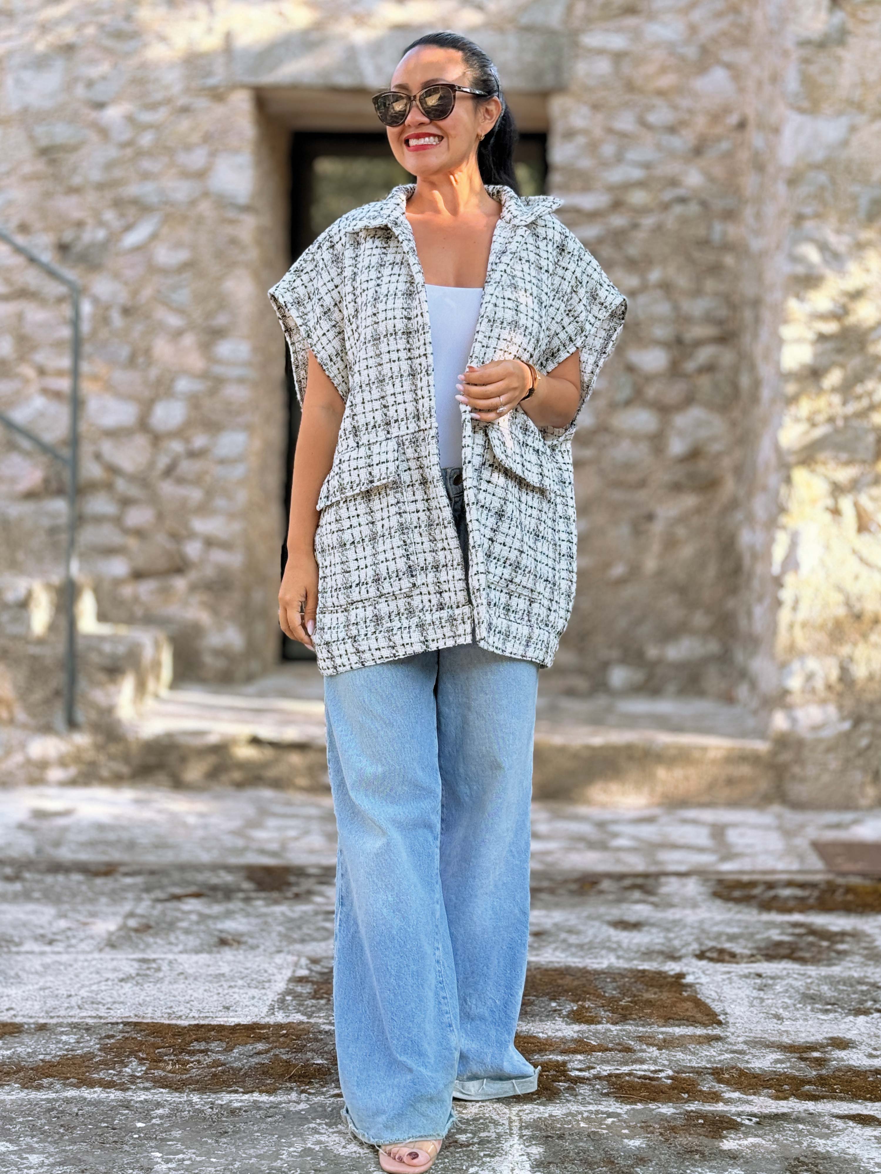 Bouclé Kurzarm Weste - Weiss Bouclé Kurzarm Weste - Weiss