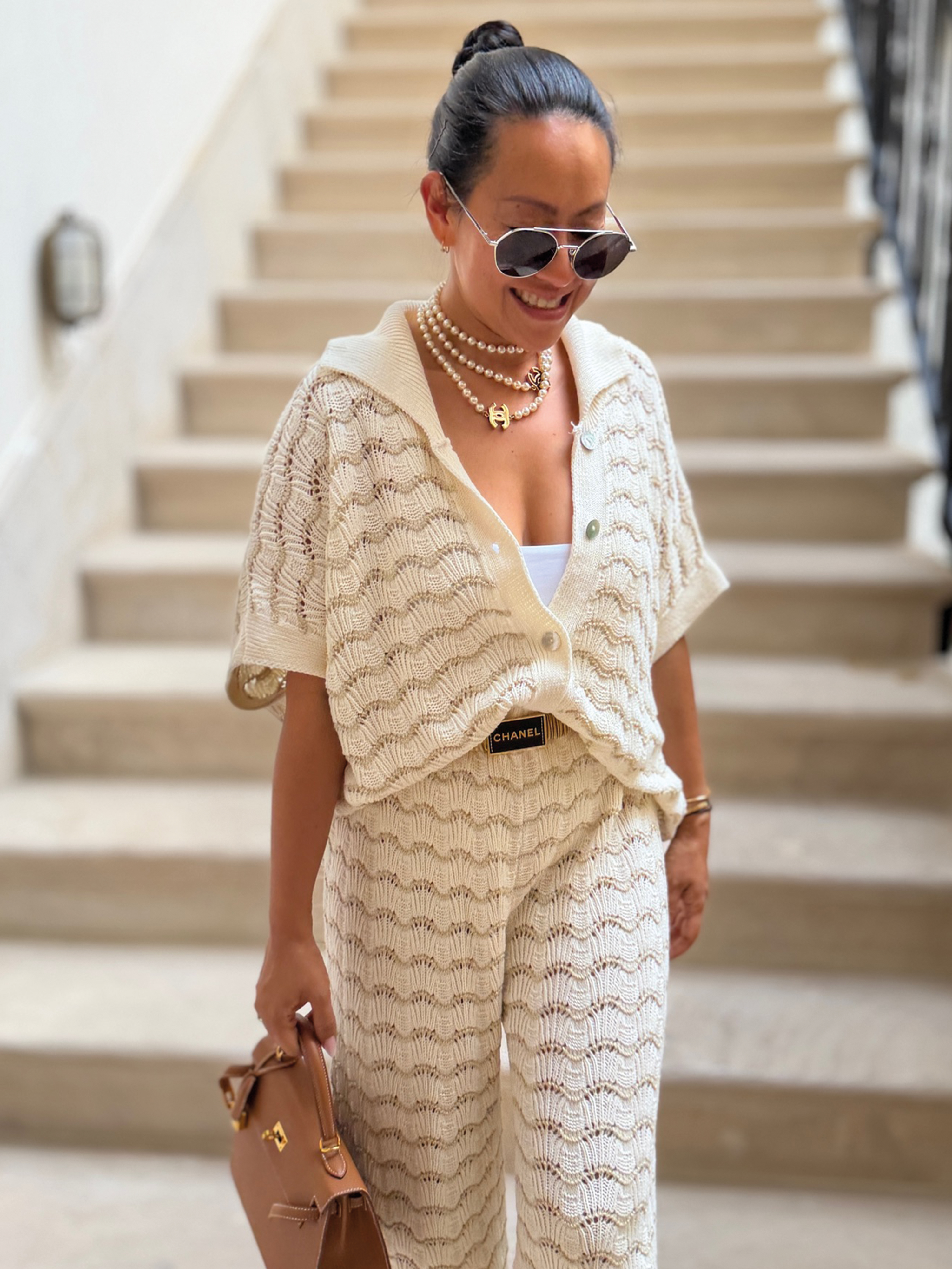 Oversize Kurzarm Häkel Hemd MANACOR - Creme/Gold