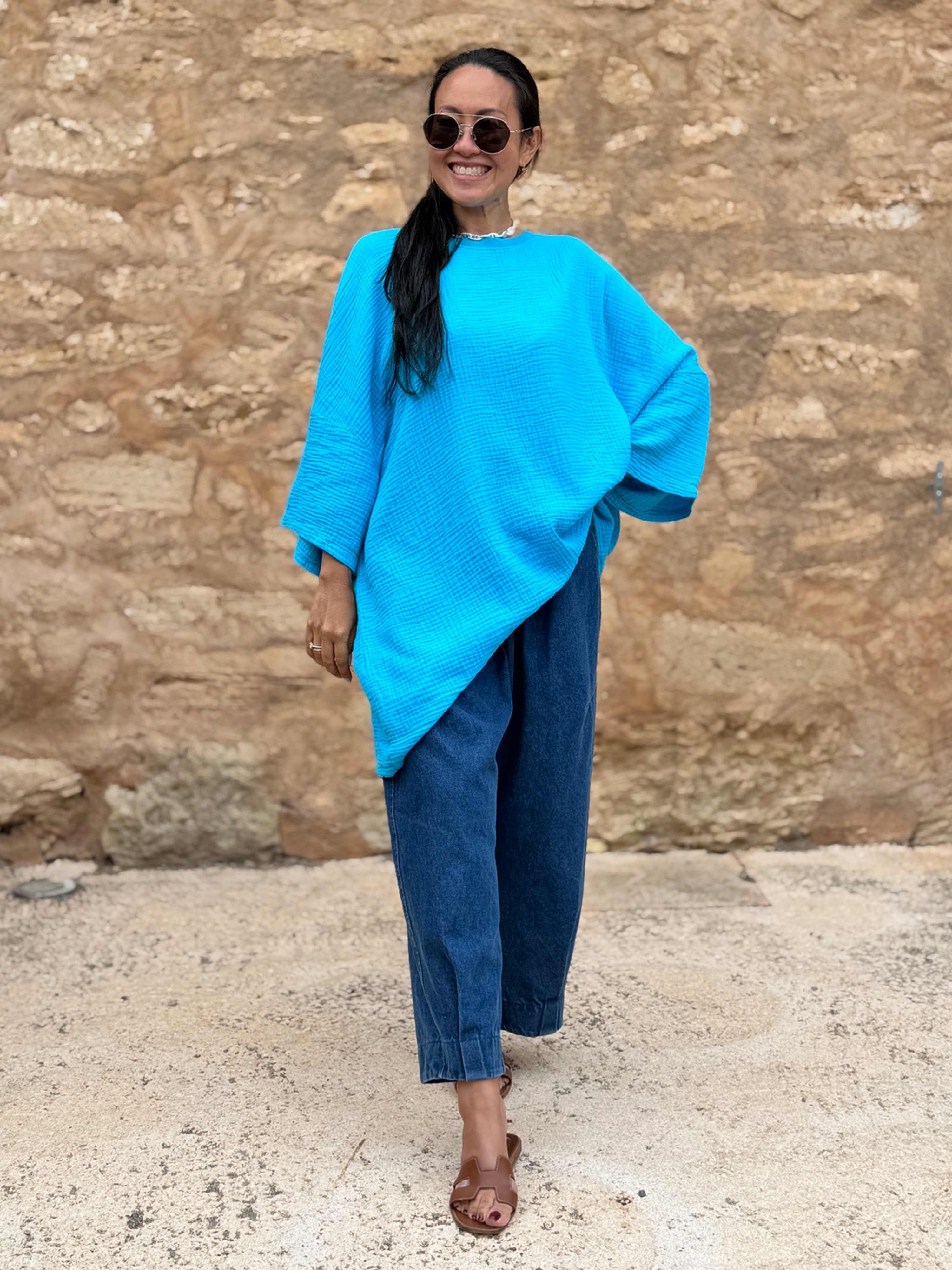 Musselin Oversize Kurzarm Shirt - Türkis