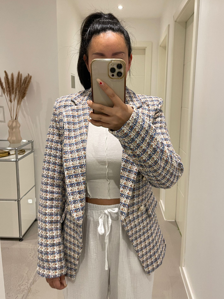 7299-Blau Bouclé Blazer - Blau/Beige