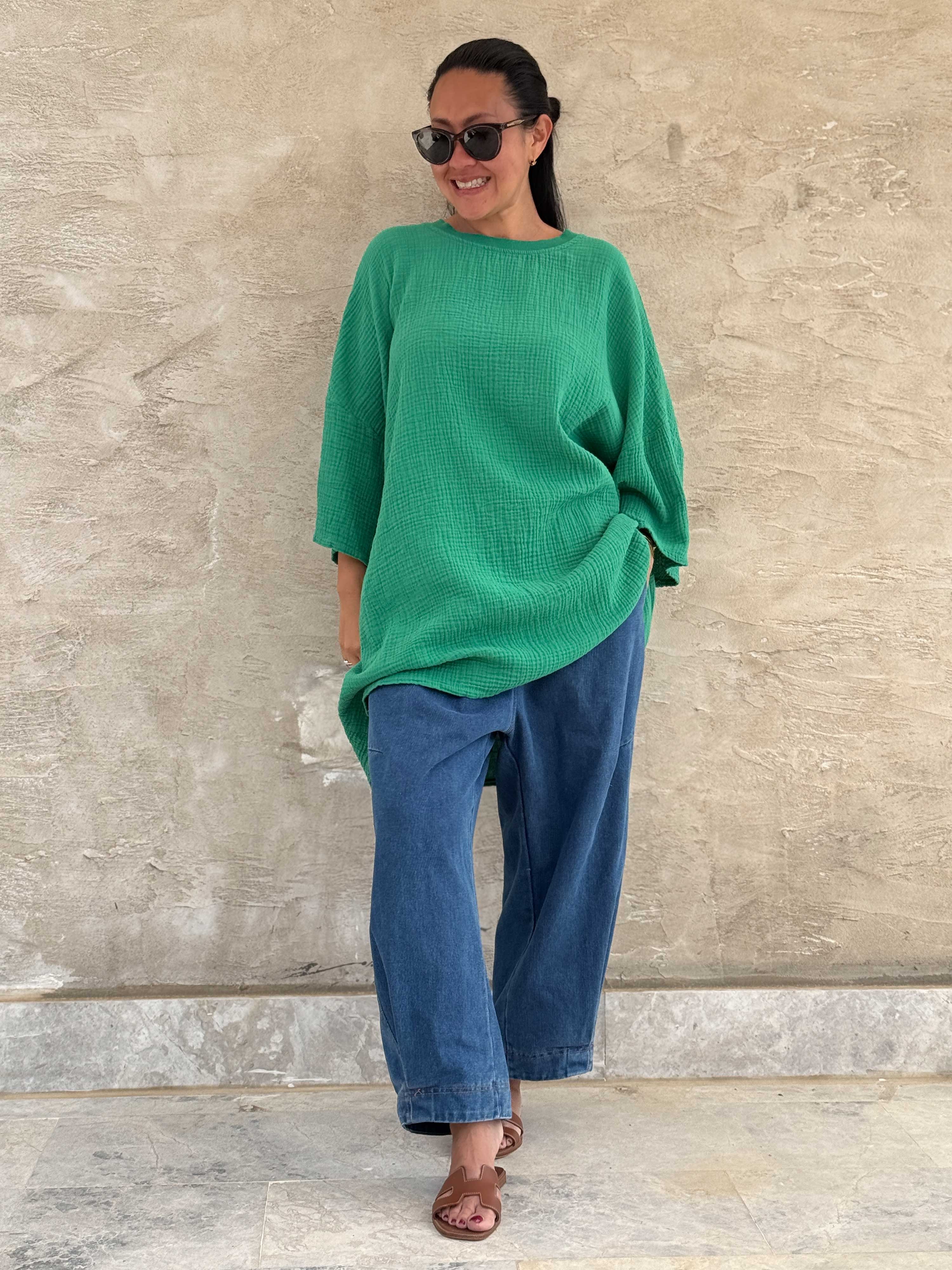 Musselin Oversize Kurzarm Shirt - Grün
