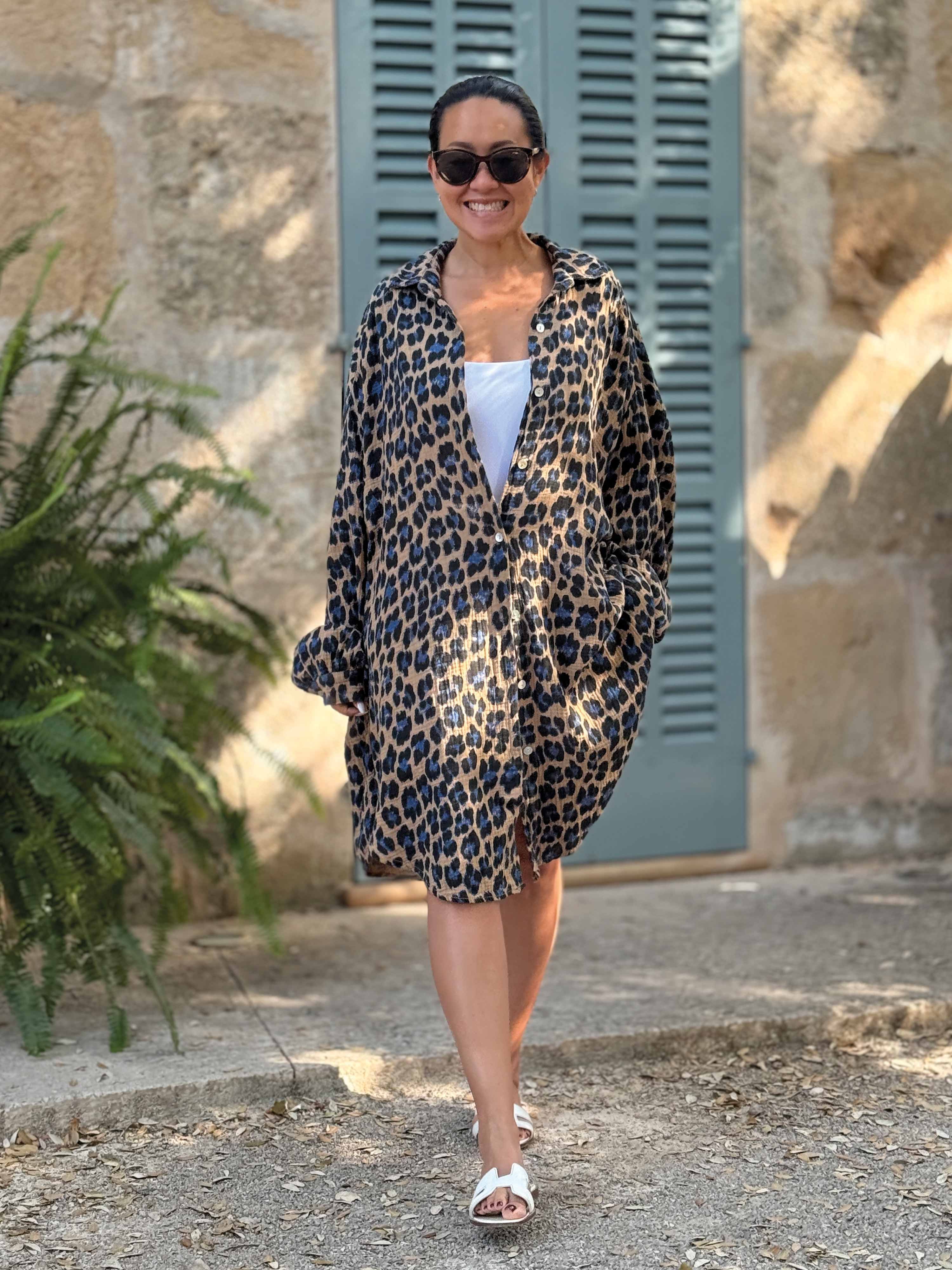 Musselin Long Oversize Bluse - Must Have - LEOPARD - Royalblau/Camel Musselin Long Oversize Bluse - Must Have - LEOPARD - Royalblau/Camel