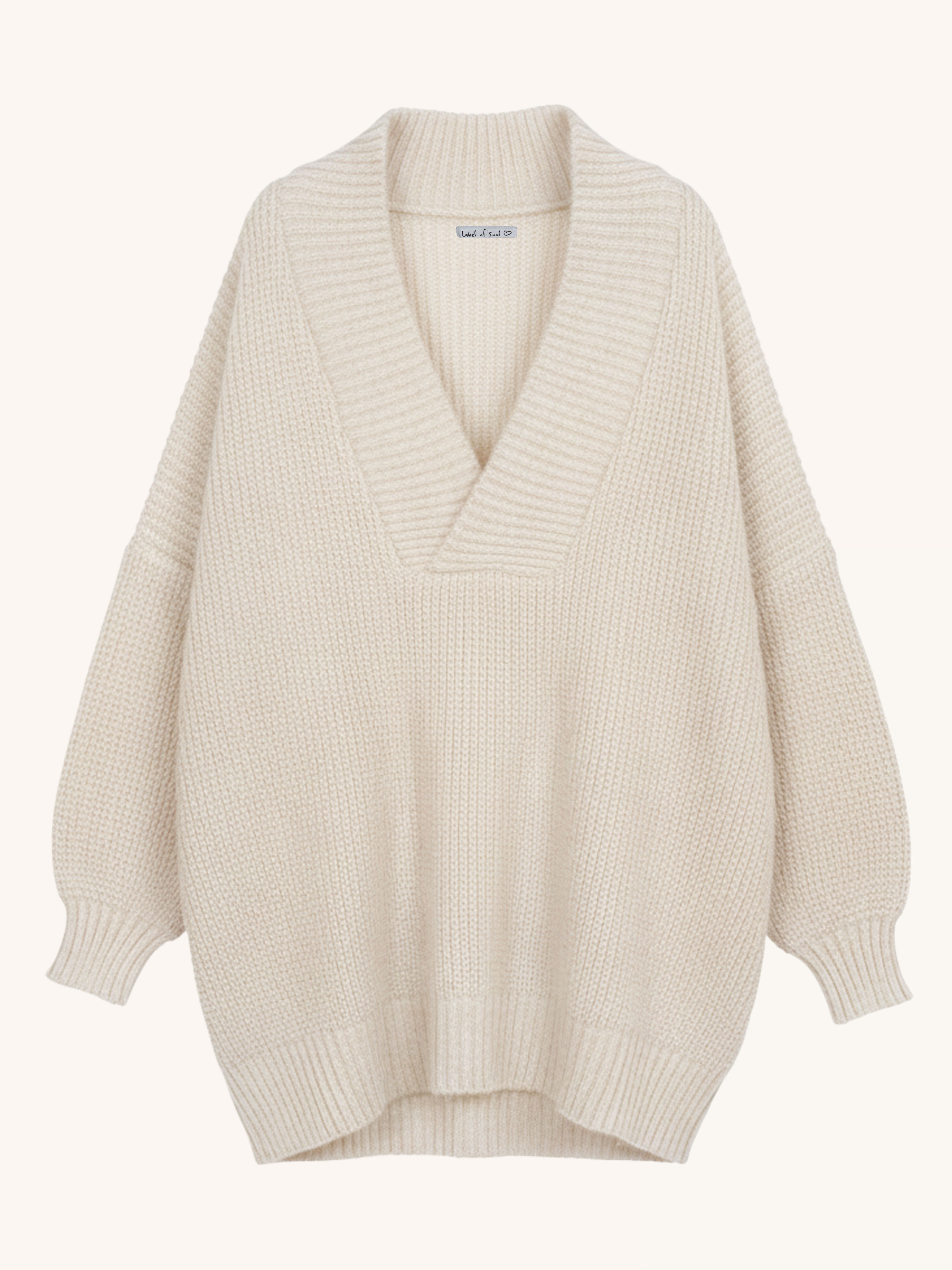 Oversize Grobstrickpullover mit V-Ausschnitt - Creme