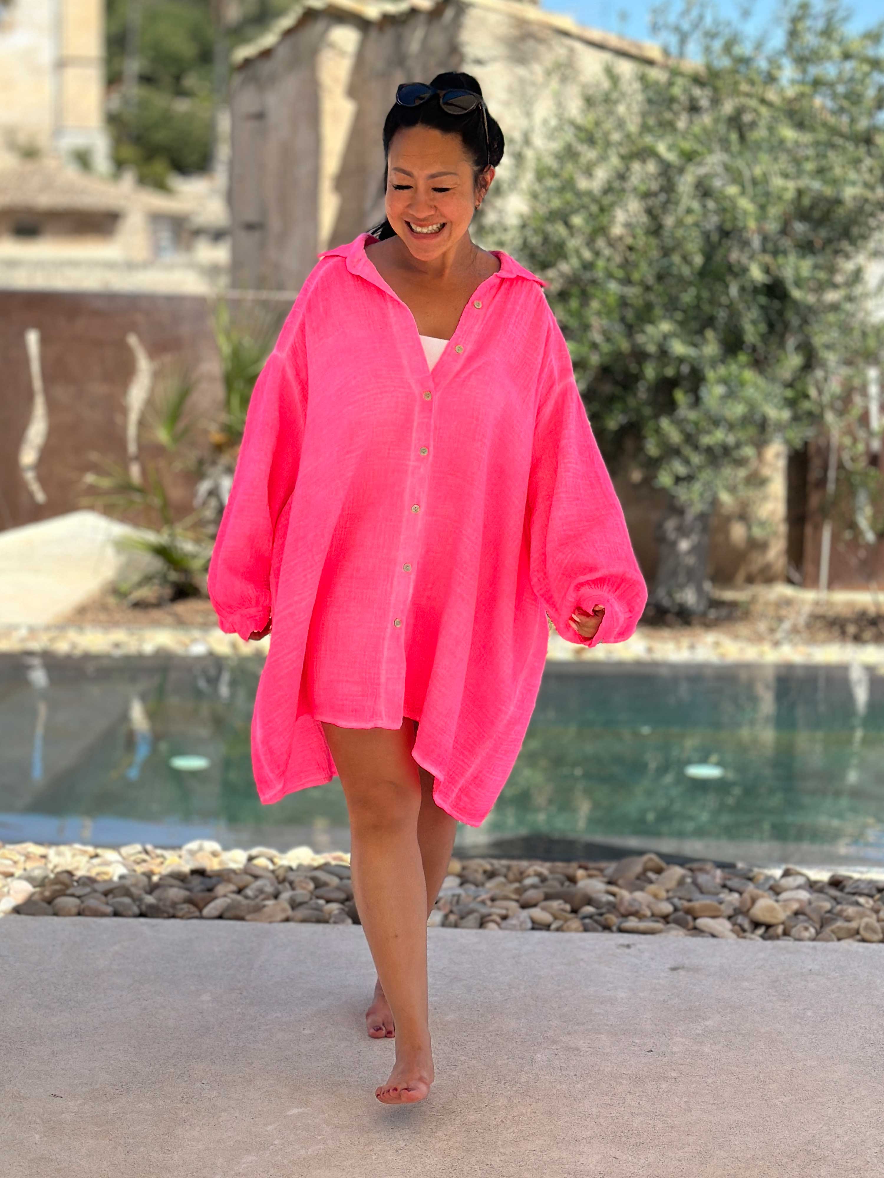 Musselin Long Oversize Bluse - Must Have - Neon Pink