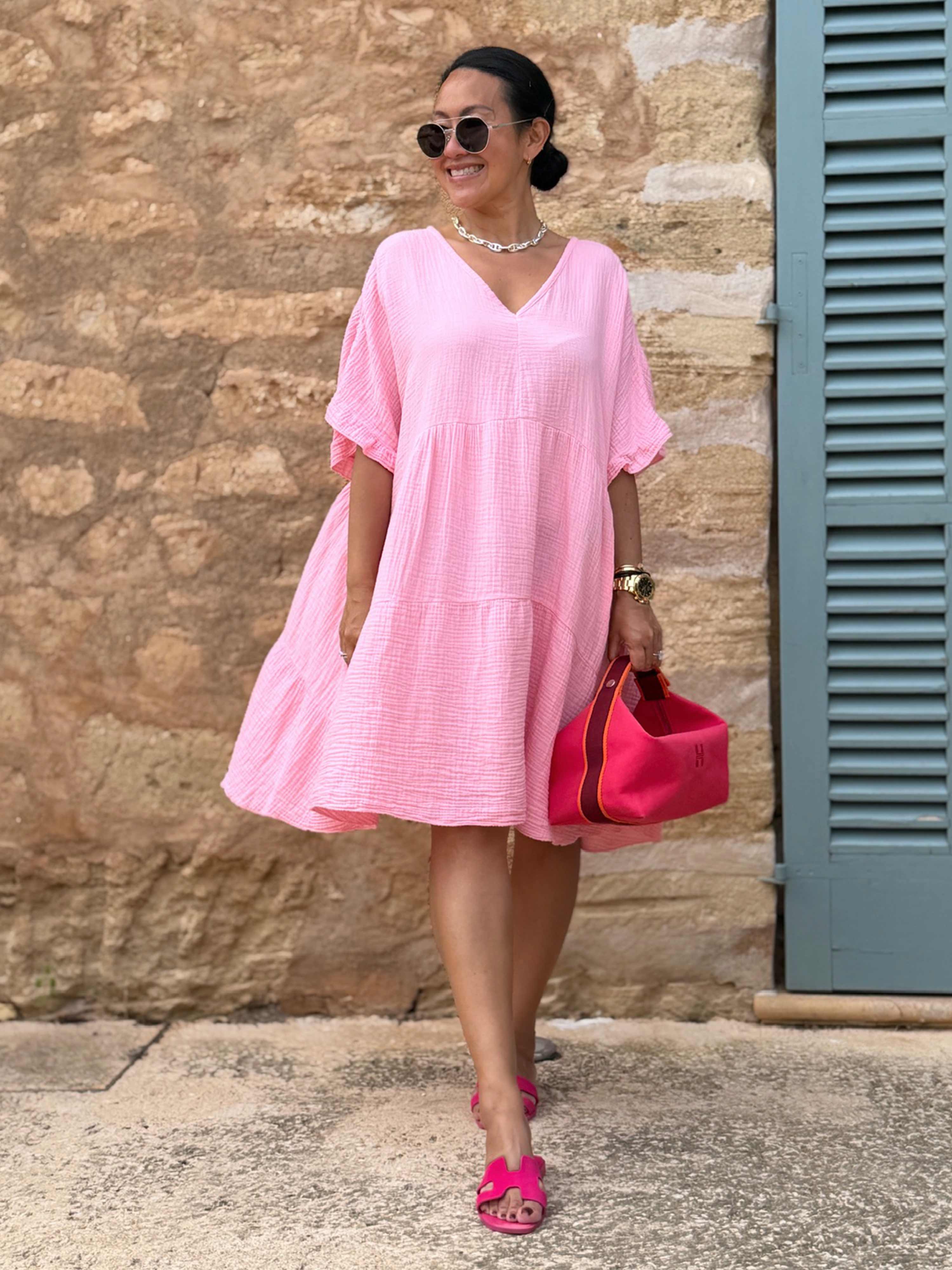 Musselin Tunika Midi mit V-Ausschnitt - Babyrosa