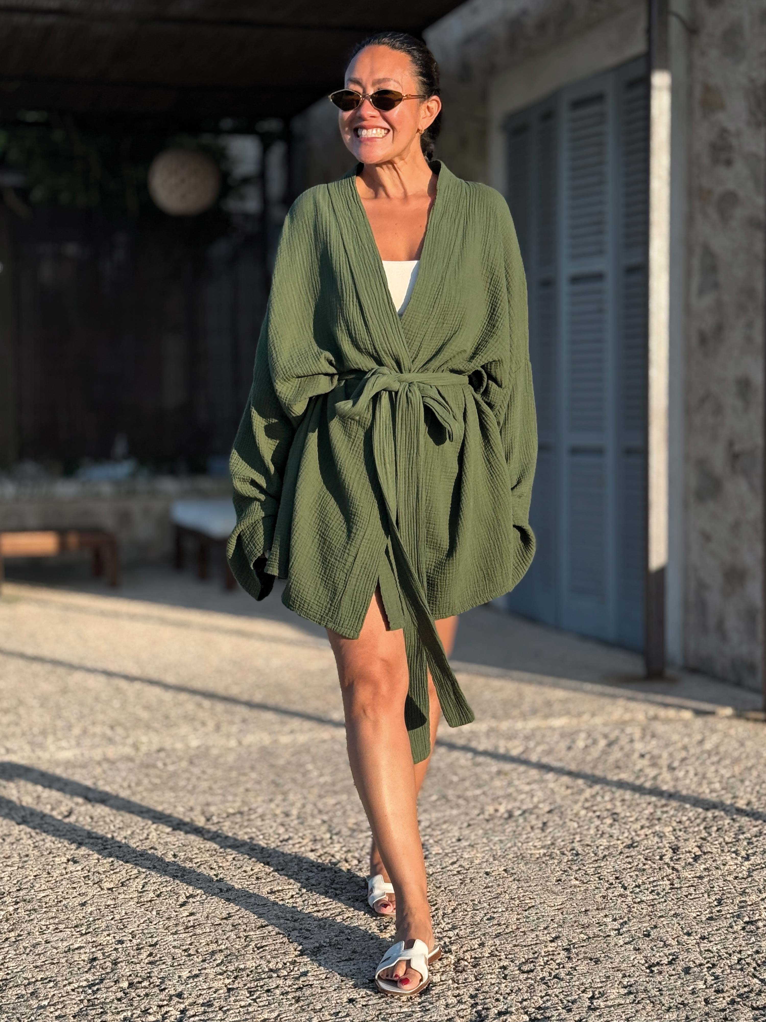Musselin Wickel Kimono Jacke - NAMASTE - Olive