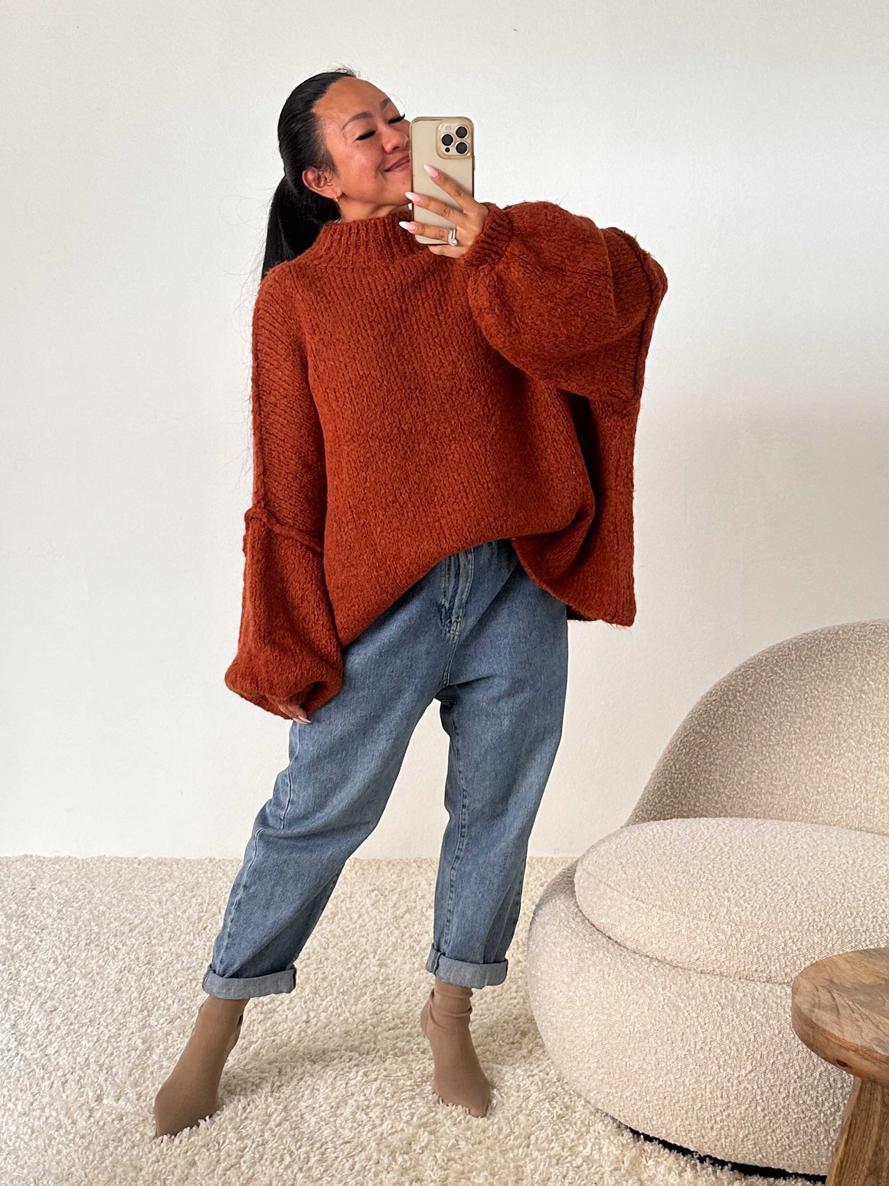 Oversize Strickpullover mit Stehkragen - FLAUSCHI - Rost