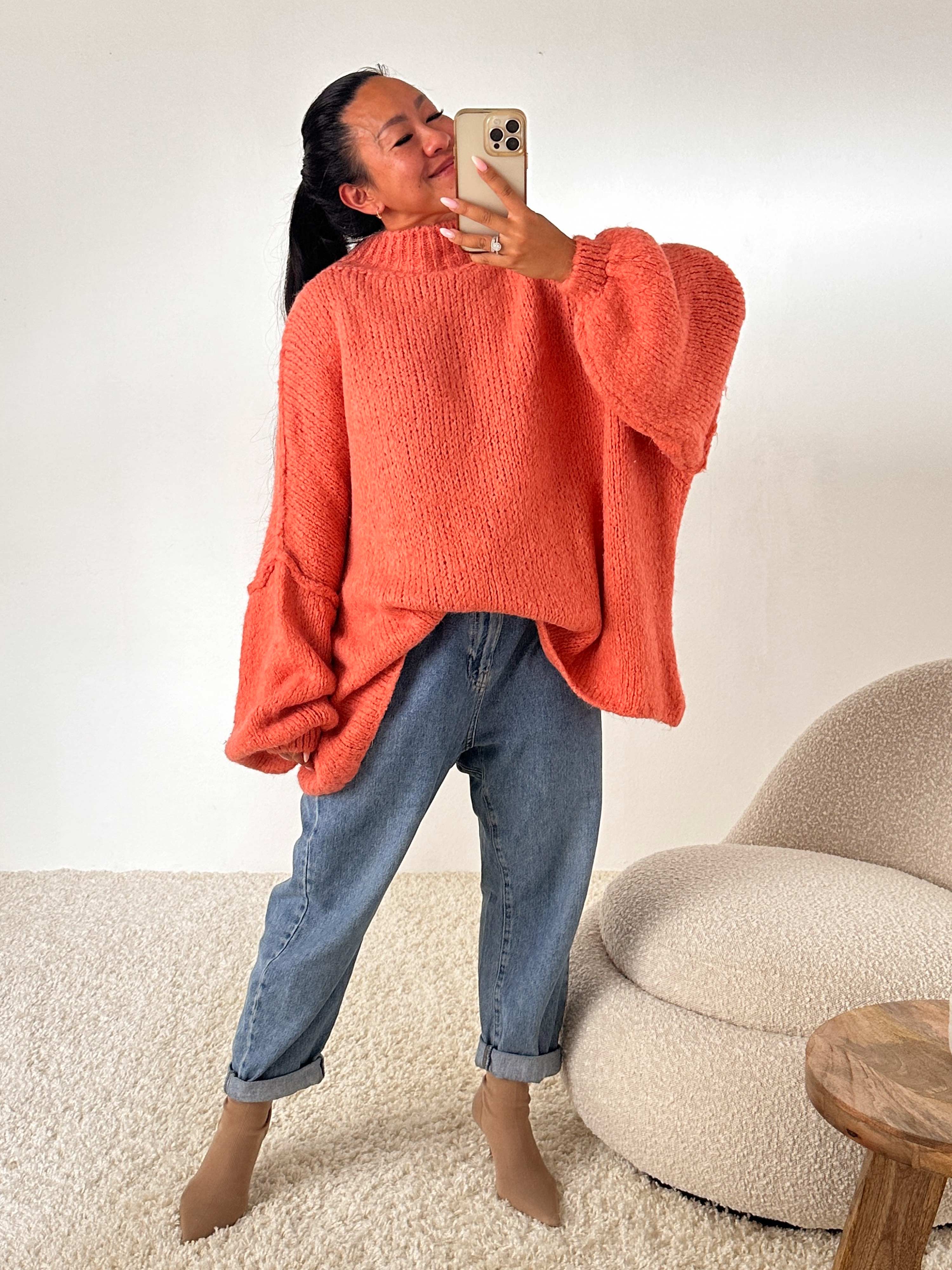 Oversize Strickpullover mit Stehkragen - FLAUSCHI - Koralle