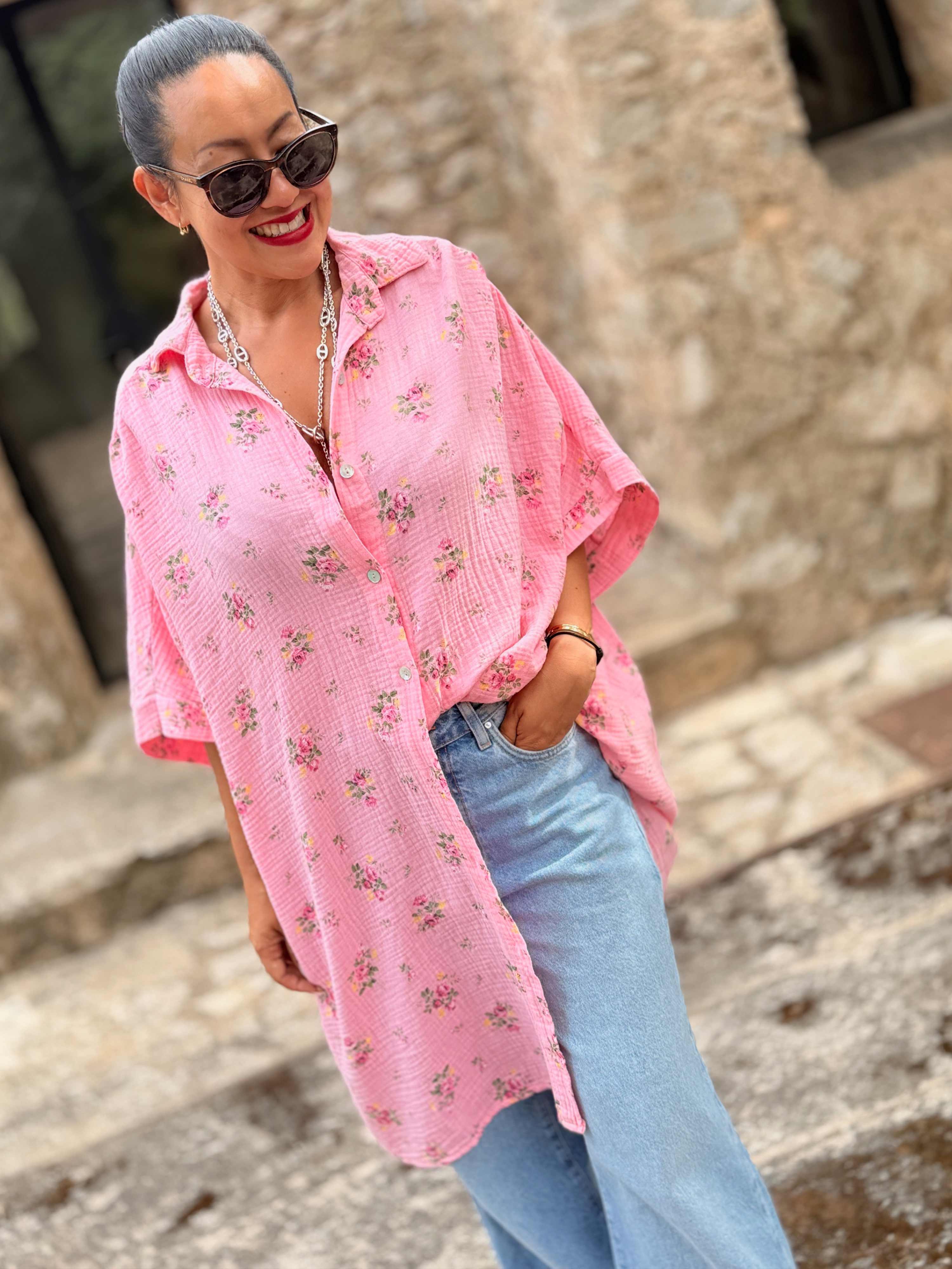 Musselin Oversize Kurzarm Bluse Long - Blossom