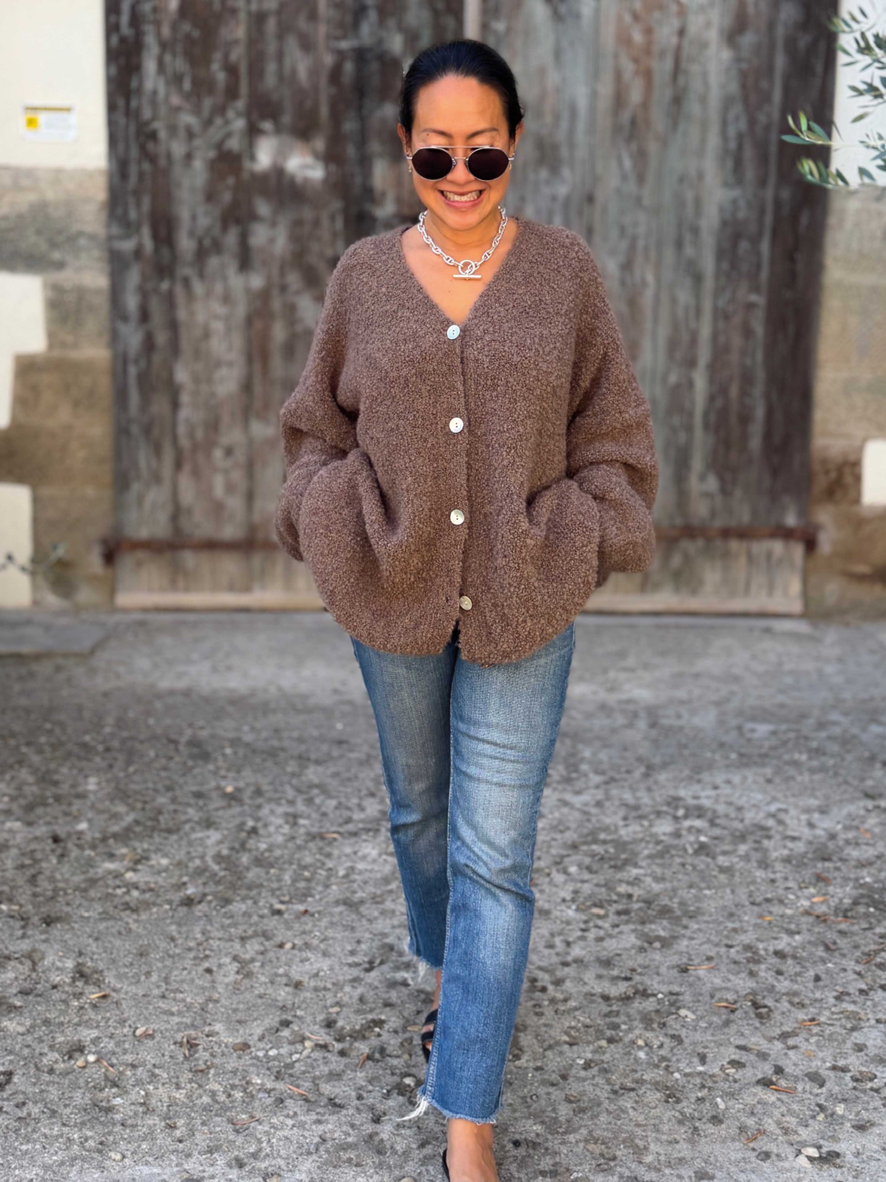 Oversize Bouclé Strickjacke mit V-Ausschnitt - Fango