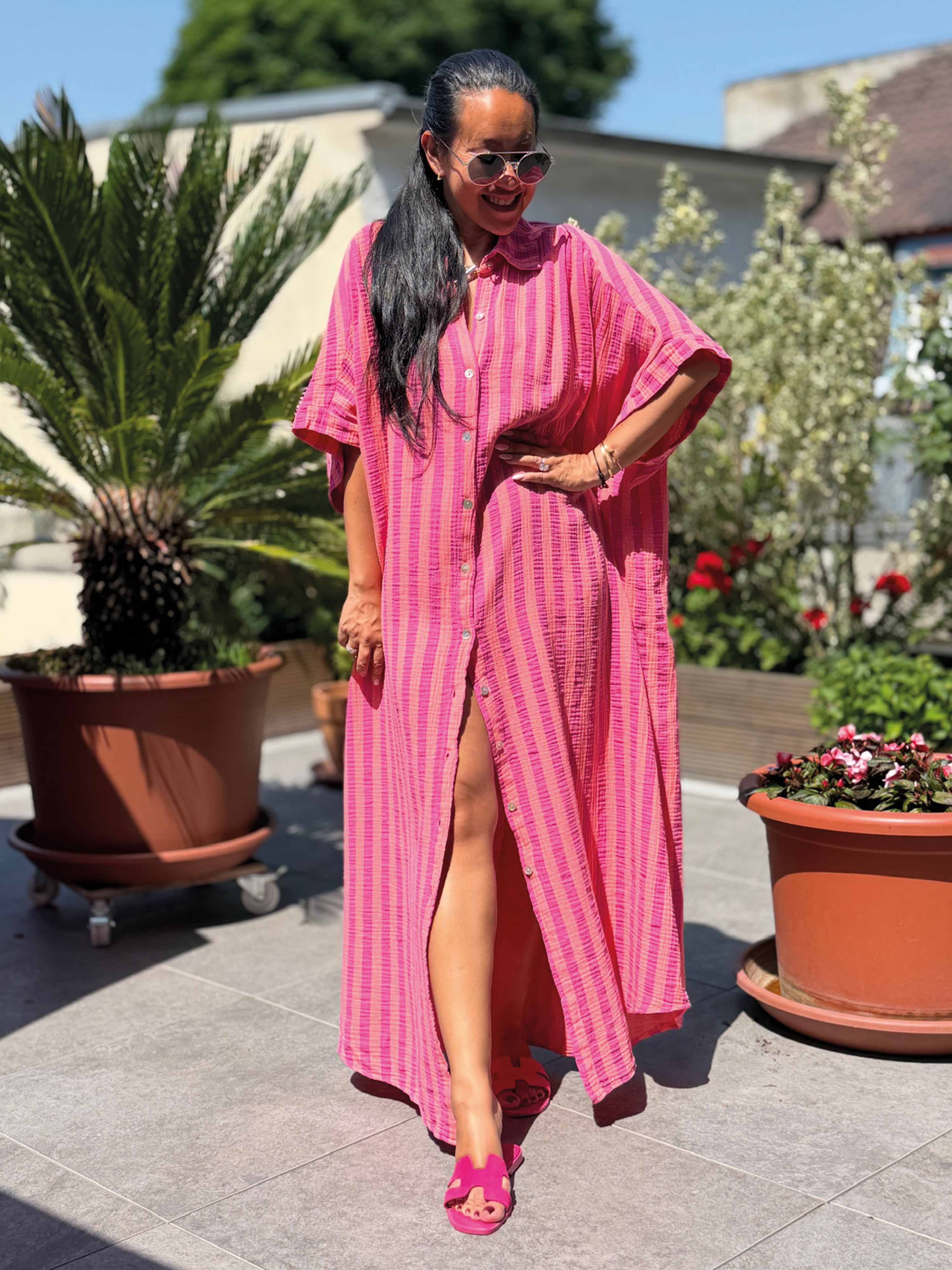Musselin Oversize Kurzarm Blusenkleid - CAPRI - STRIPES Flamingo Kiss