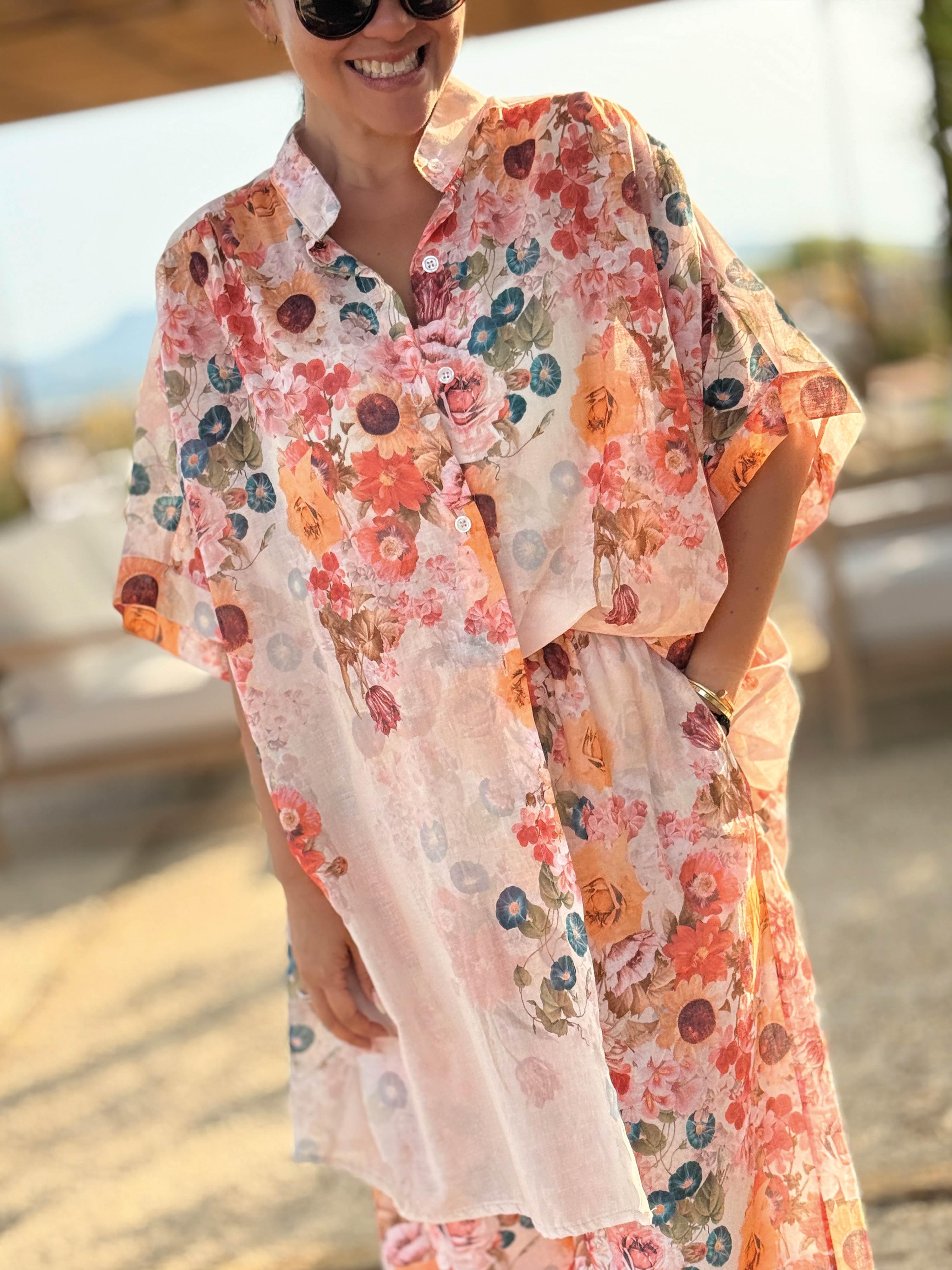 Cotton Oversize Kurzarm Bluse Long  - MILLE FLEURS - Creme
