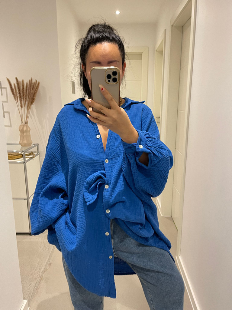 Musselin Long Oversize Bluse -  Must Have - Royal Blau