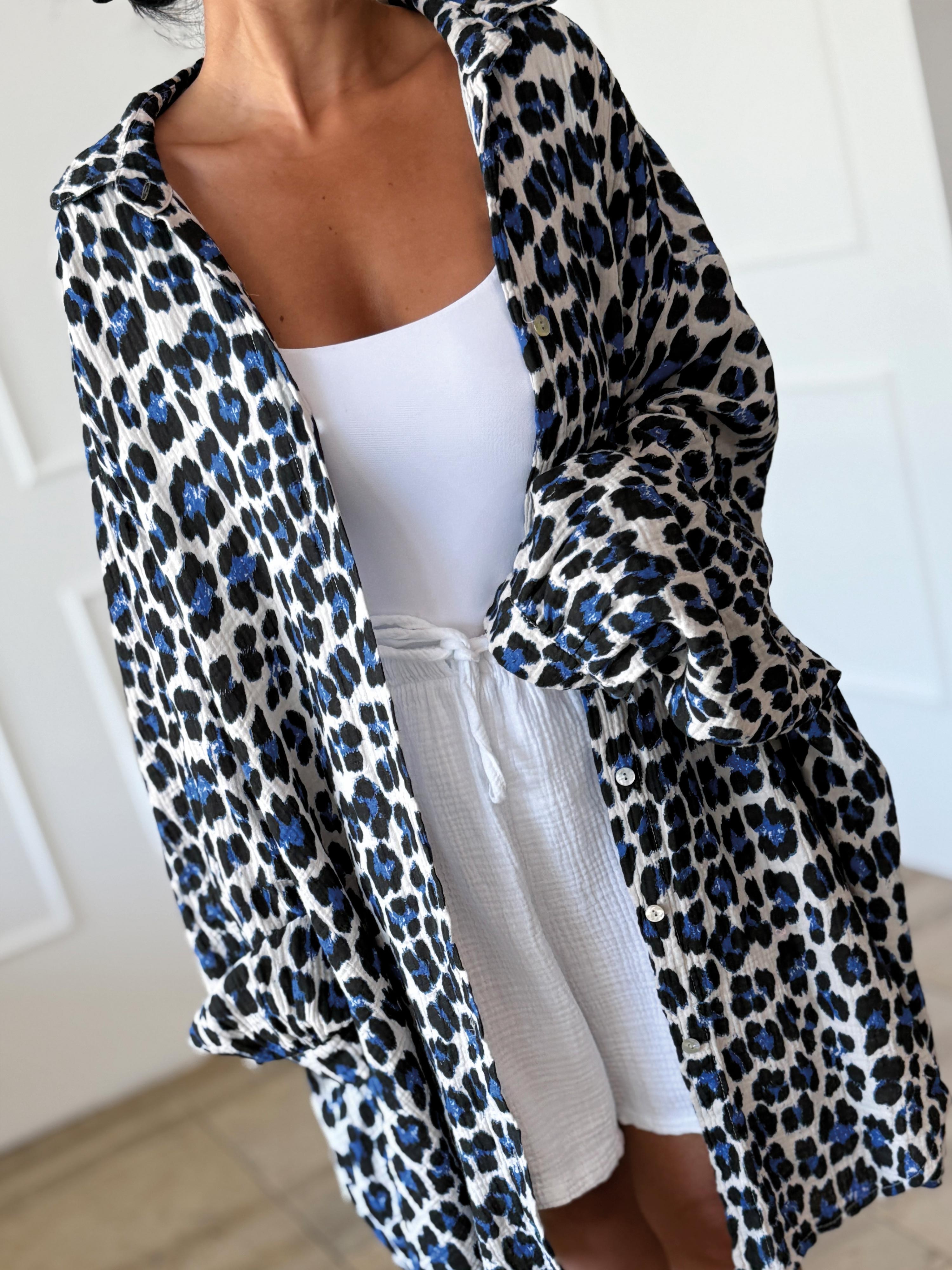 Musselin Long Oversize Bluse - Must Have - LEOPARD - Royalblau/Beige Musselin Long Oversize Bluse - Must Have - LEOPARD - Royalblau/Beige