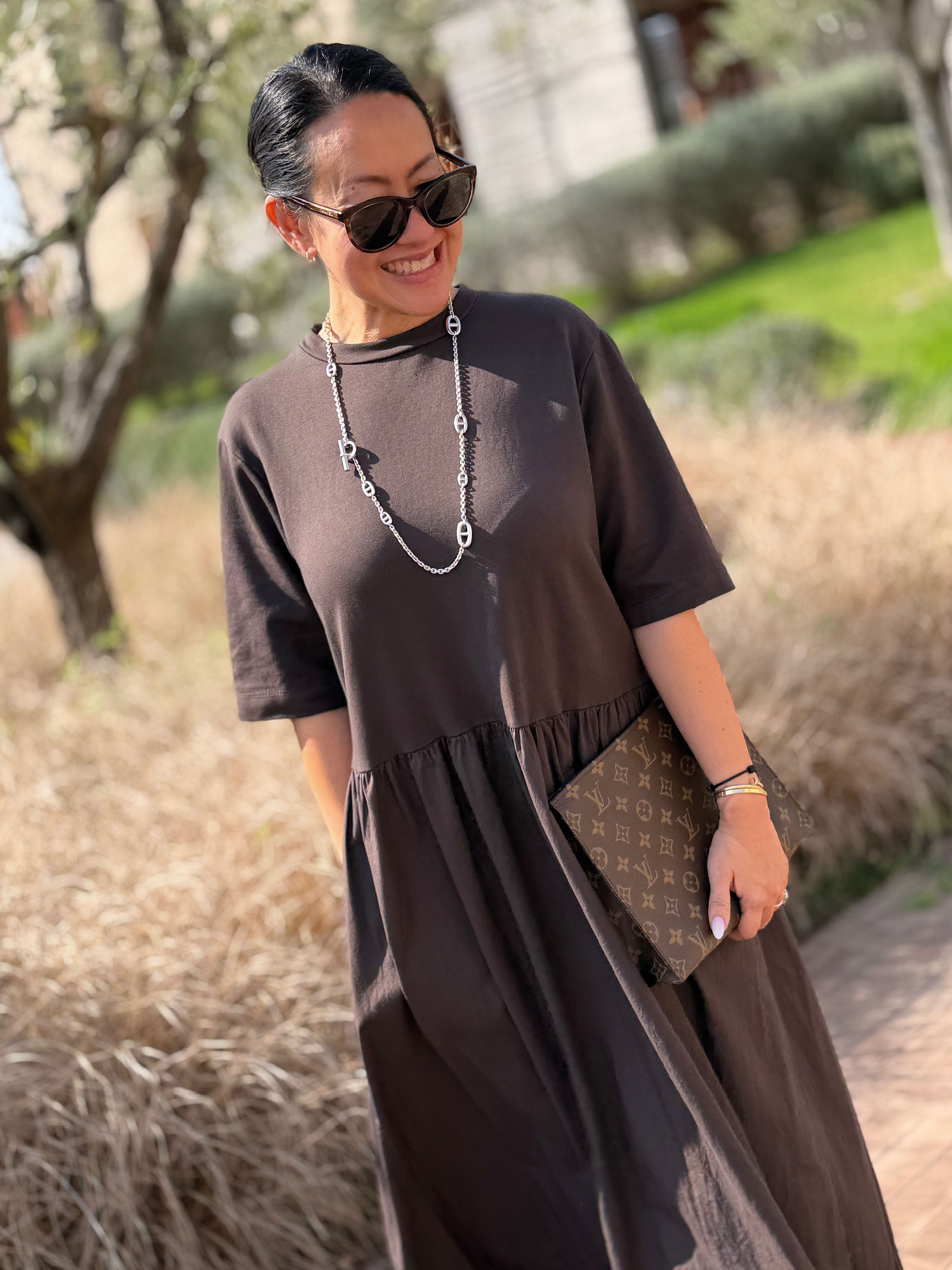 Kurzarm Cotton Kleid mit Seitentaschen - ONESIZE - Schoko