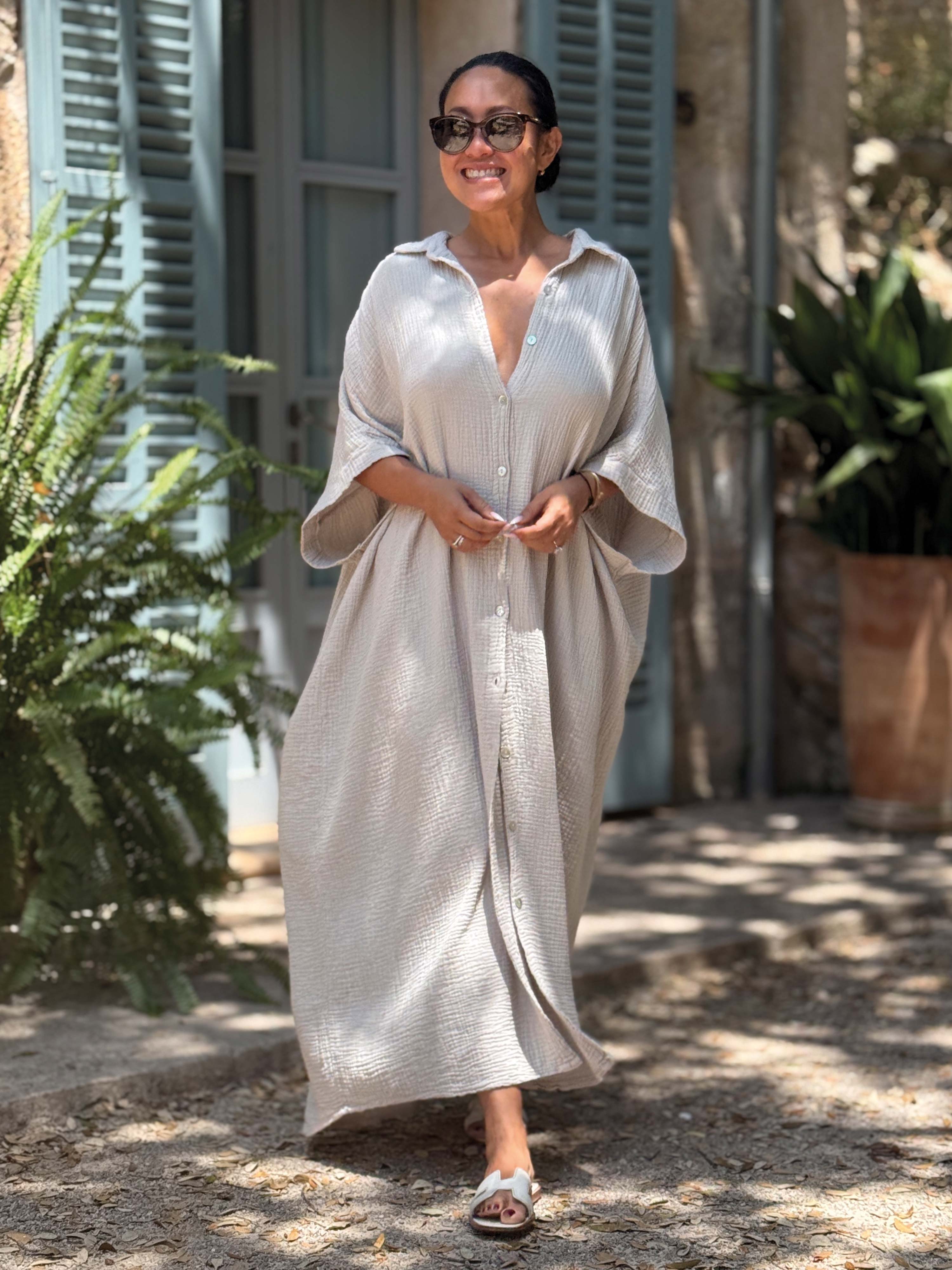 Musselin Oversize Kurzarm Blusenkleid - CAPRI - Beige