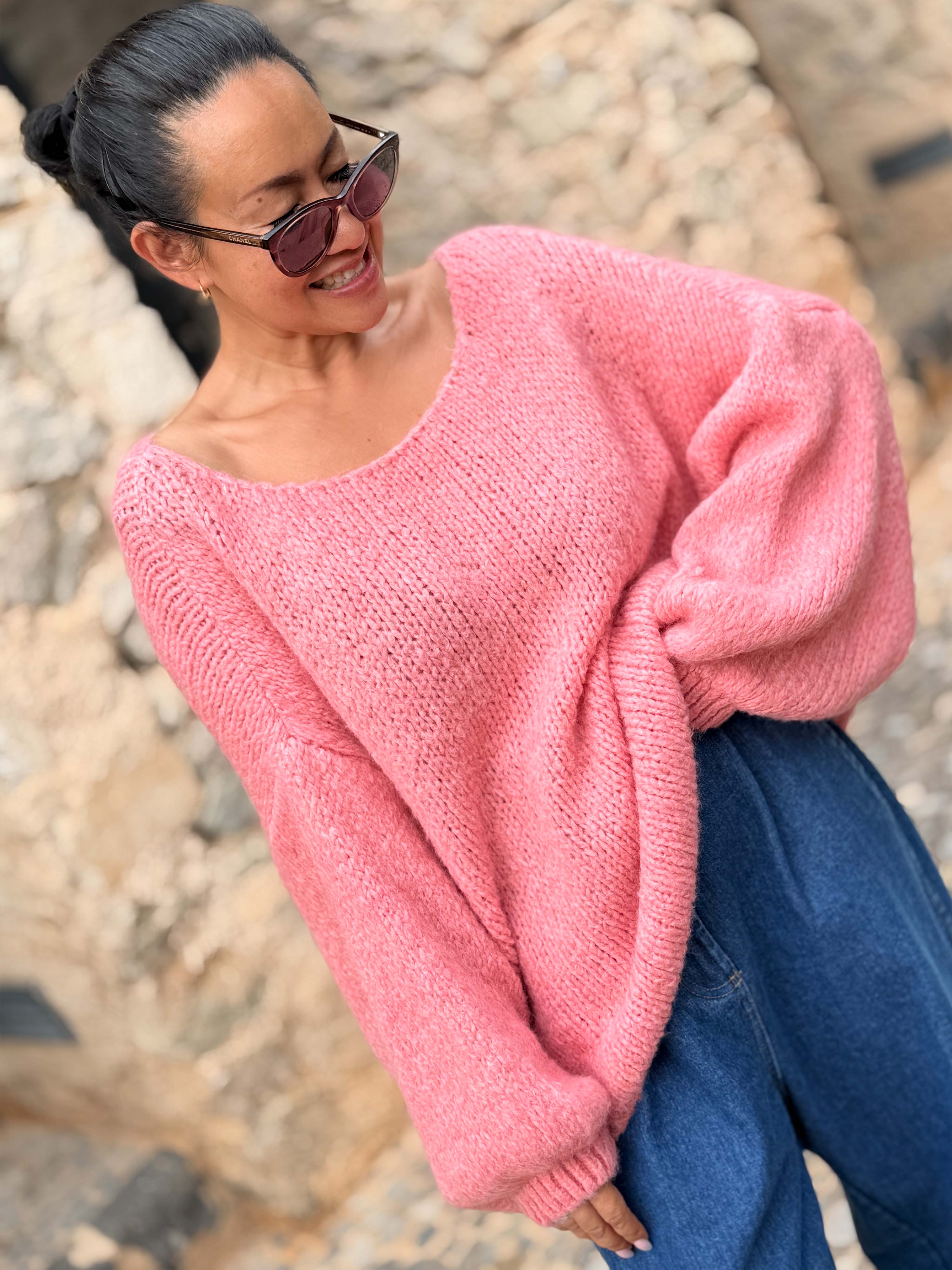 Oversize Cropped Strickpullover - FLAUSCHI - Koralle