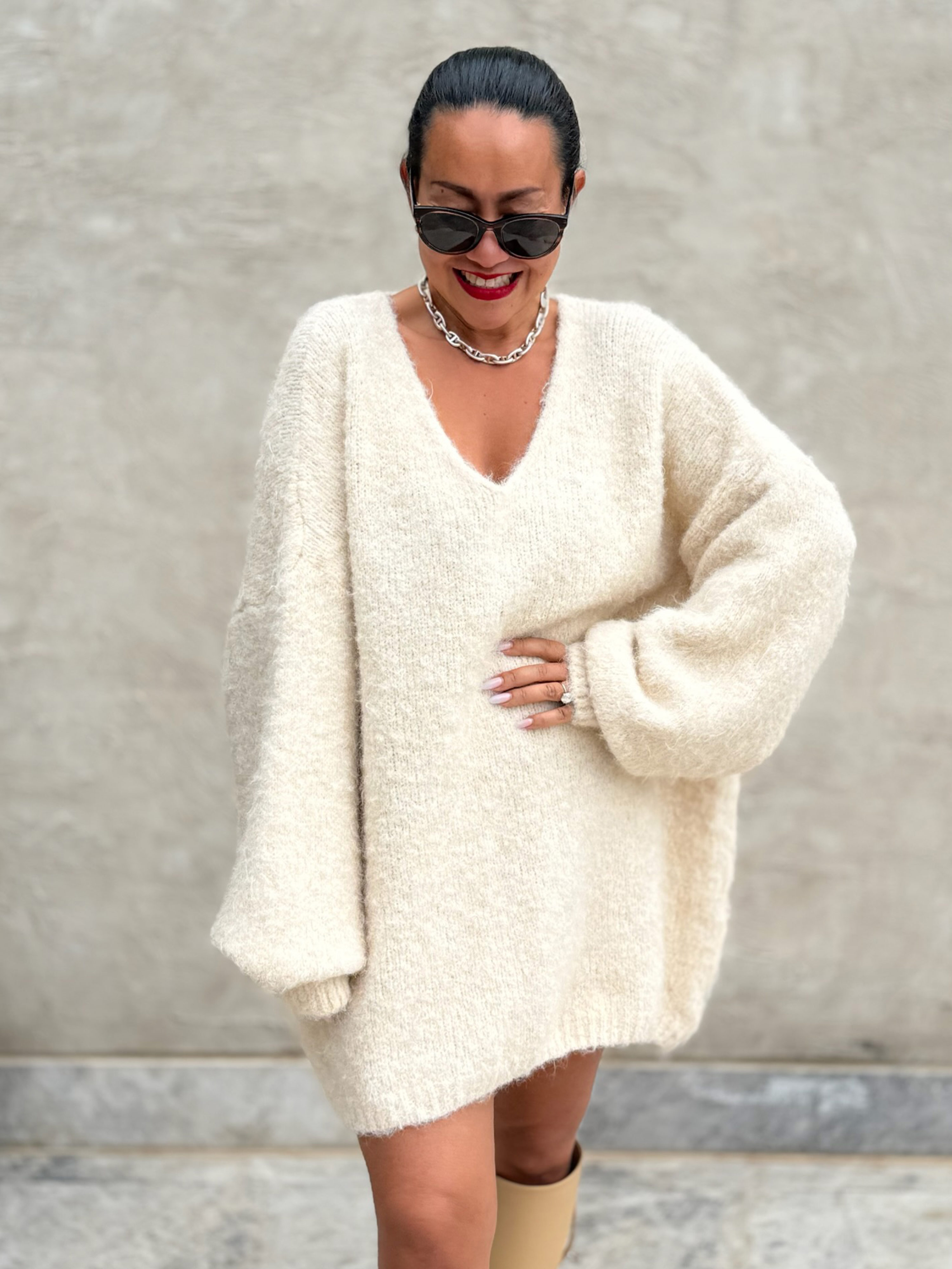 Oversize V-Ausschnitt Strickpullover mit Alpakawollanteil - Creme