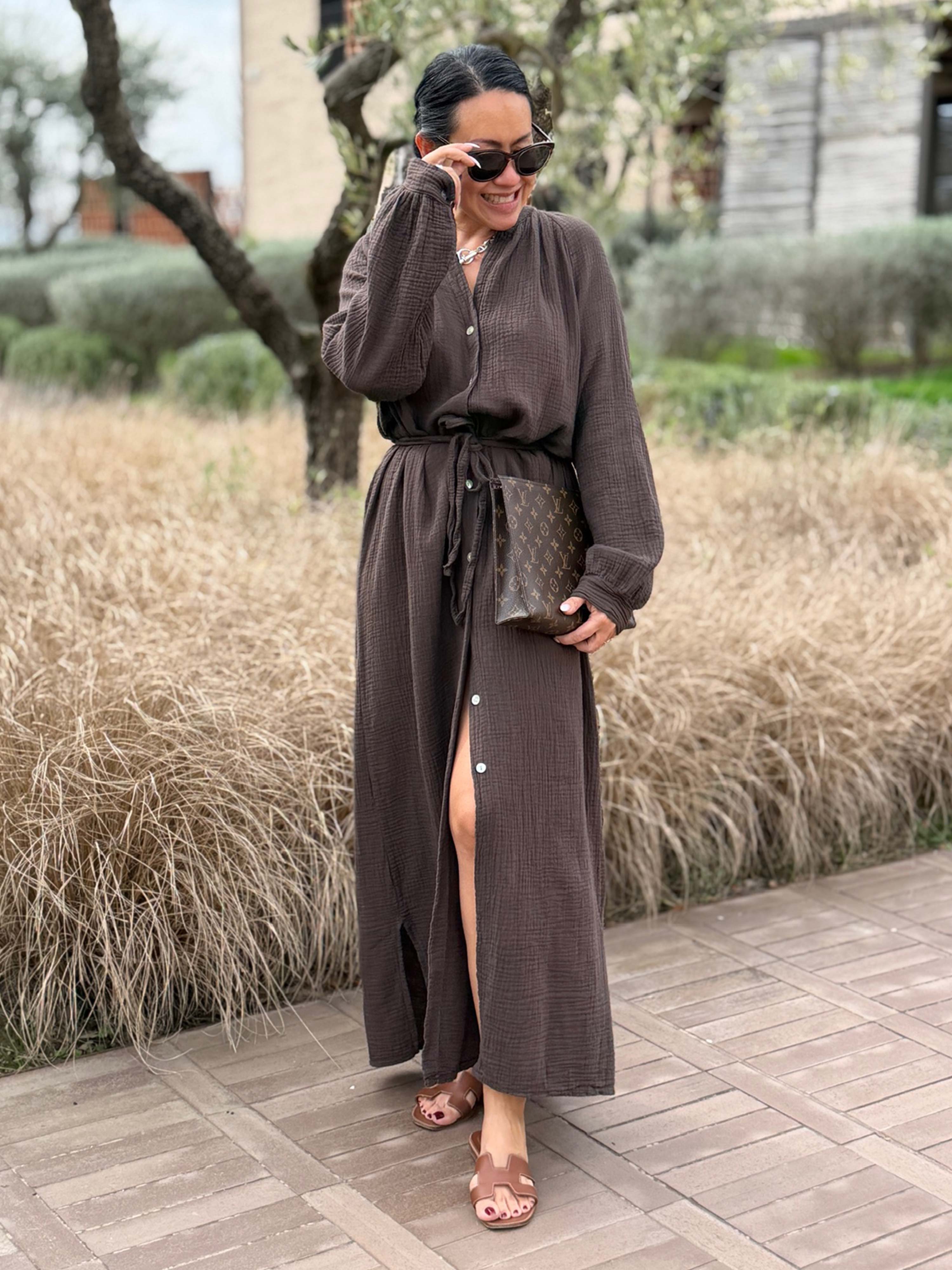 Musselin Oversize Kleid mit Gürtel - ONESIZE - Schoko