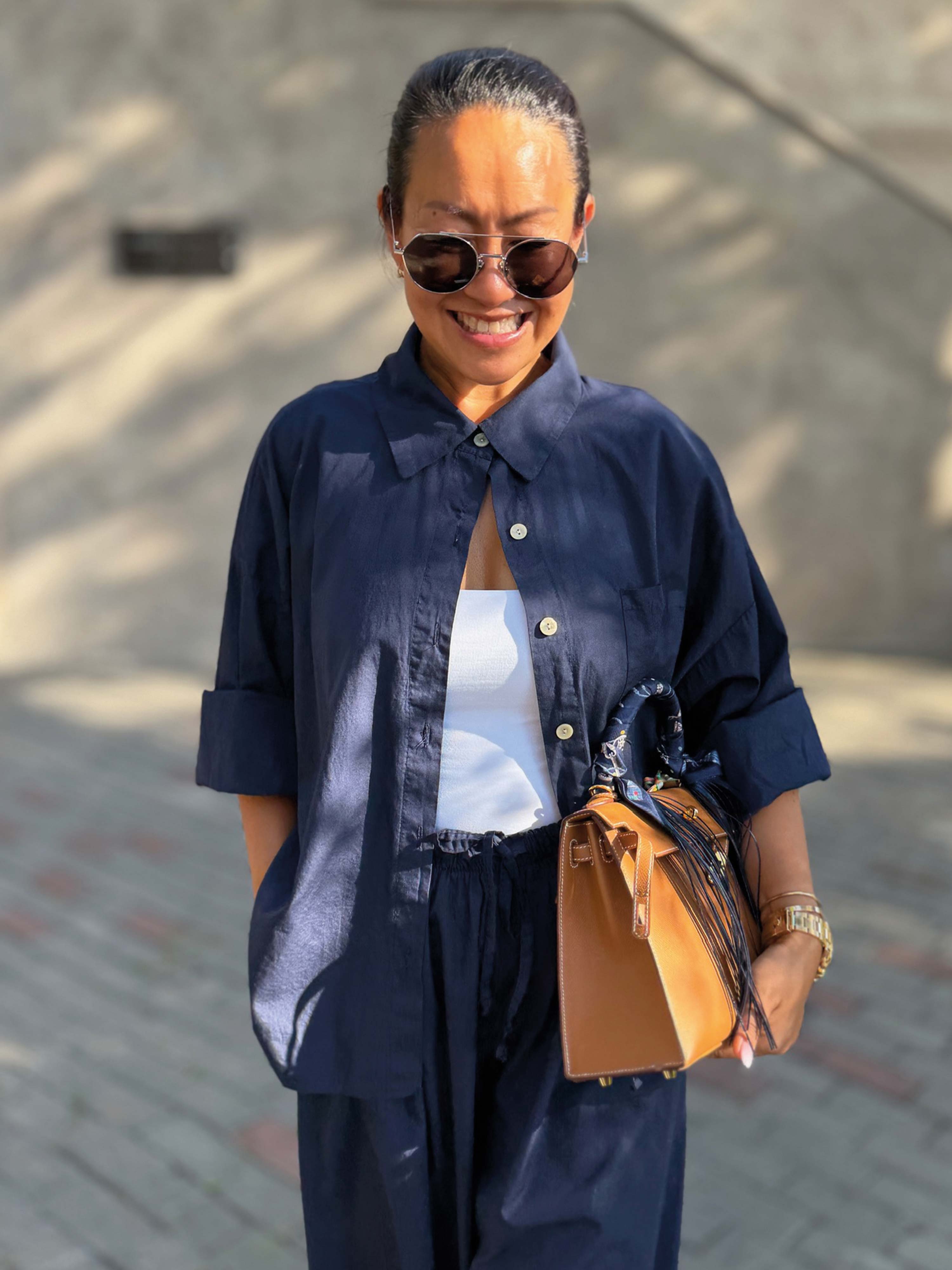 Basic Cotton Boxy Bluse - Navy