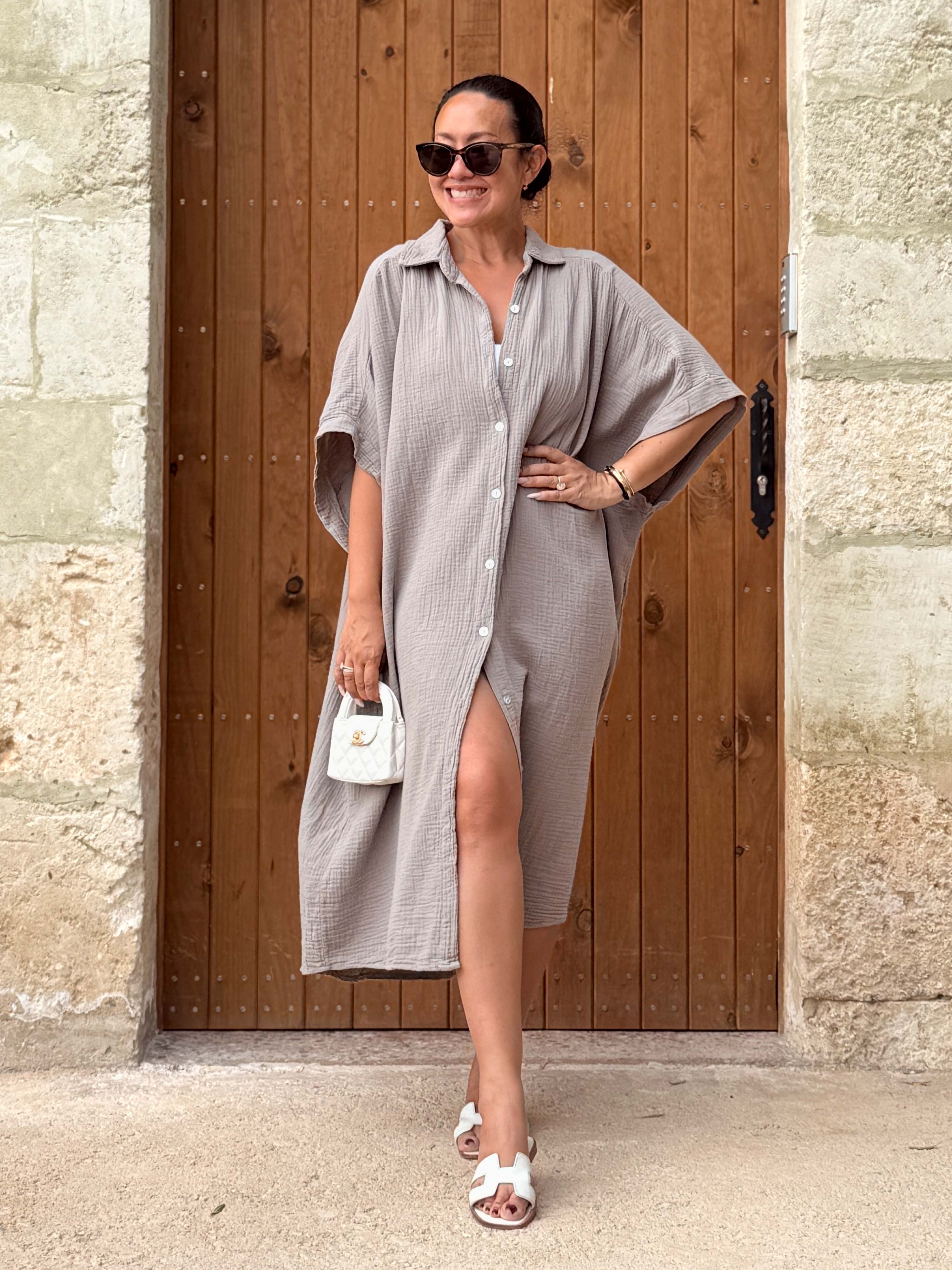 Musselin Oversize Kurzarm Blusenkleid - LANA - Taupe