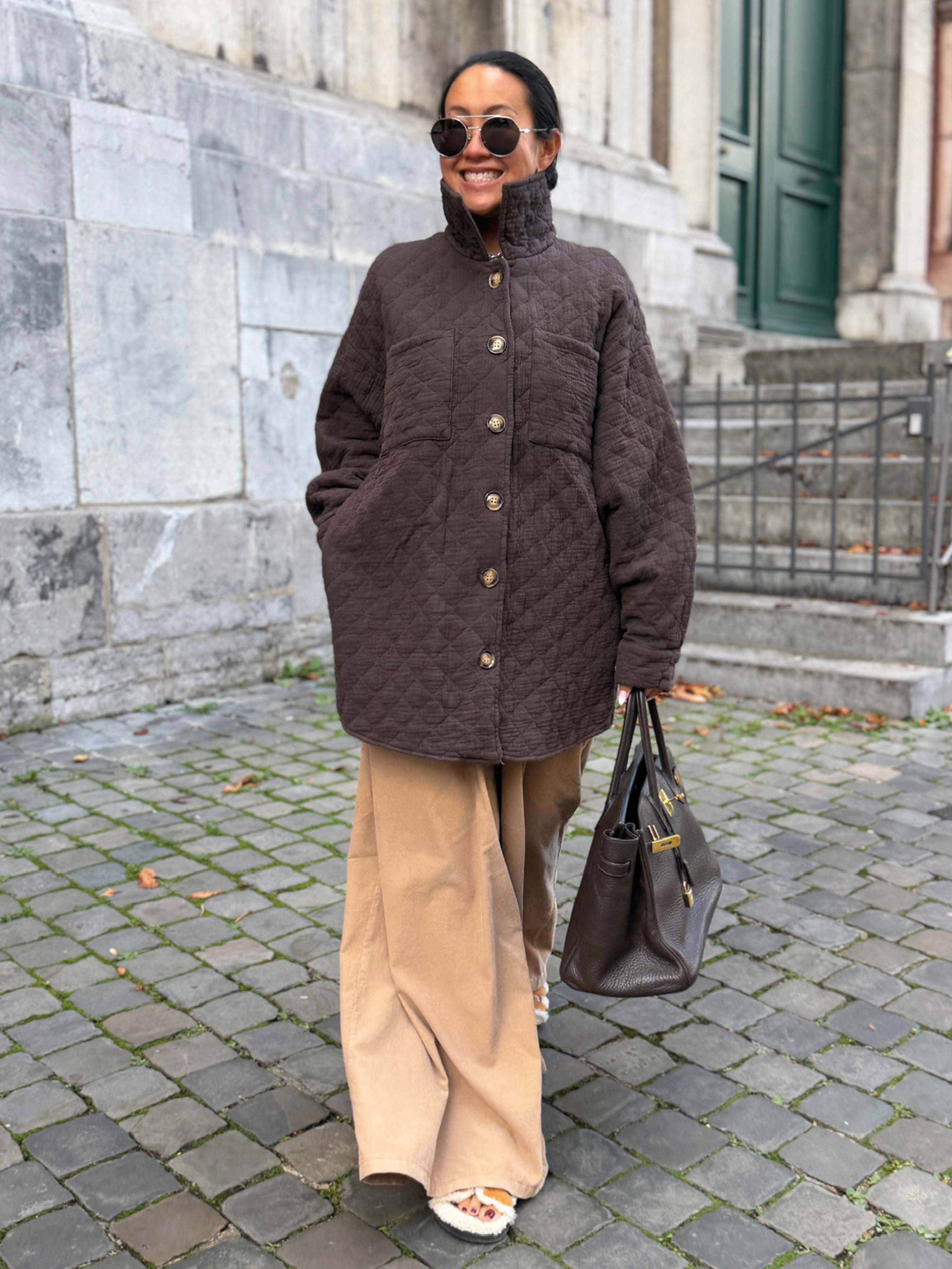 Gefütterte Oversize Musselin Overshirt Jacke - Schoko