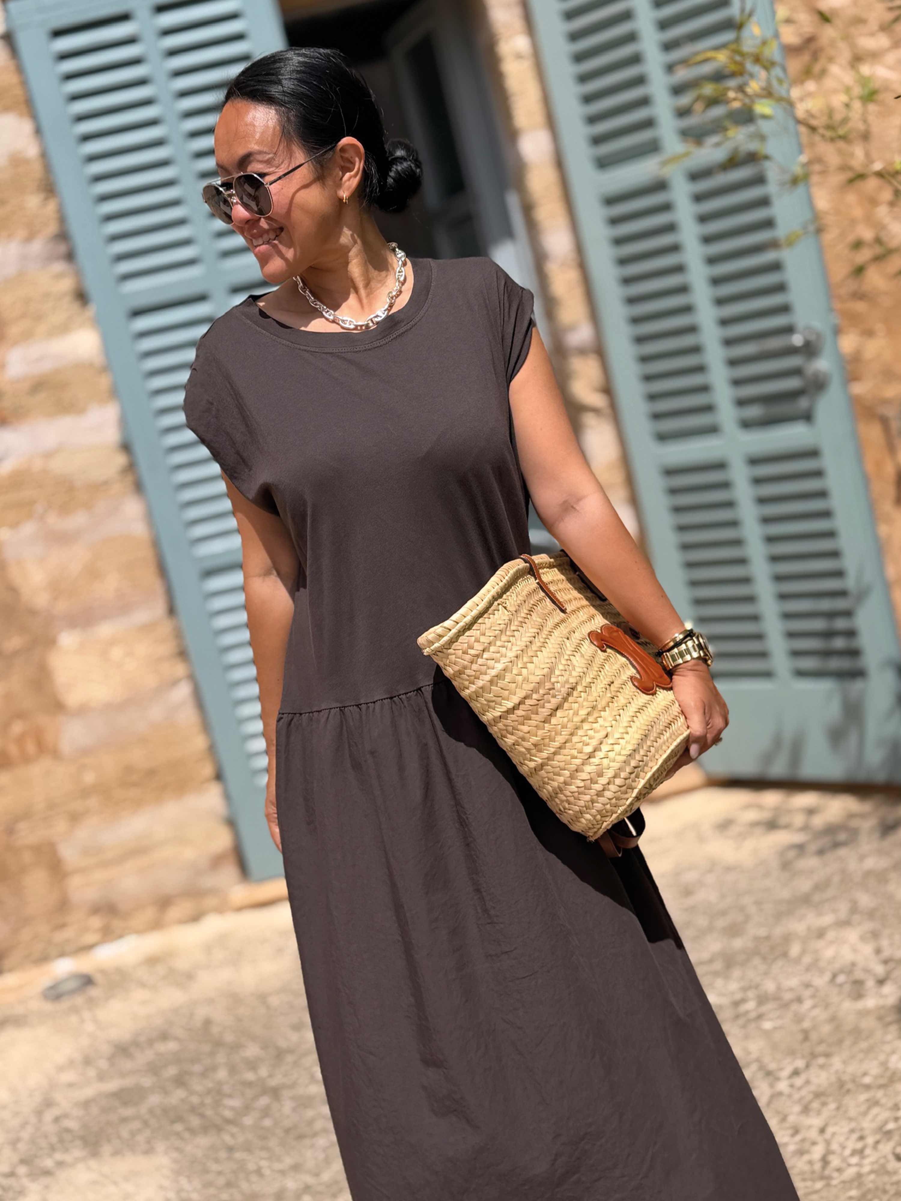 Ärmelloses Cotton Kleid Long mit Seitentaschen - Schoko