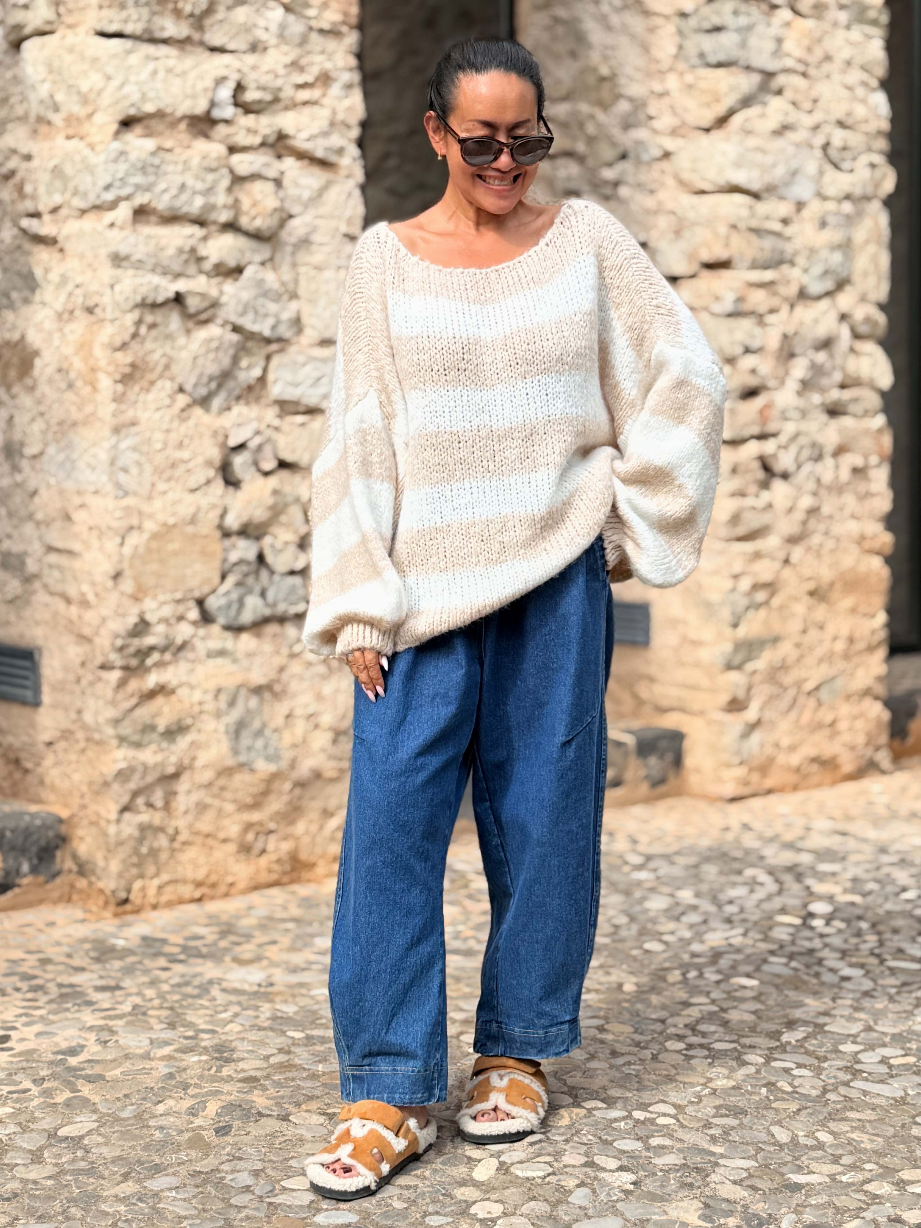 Oversize Cropped Strickpullover - FLAUSCHI - STRIPES - Oatmeal