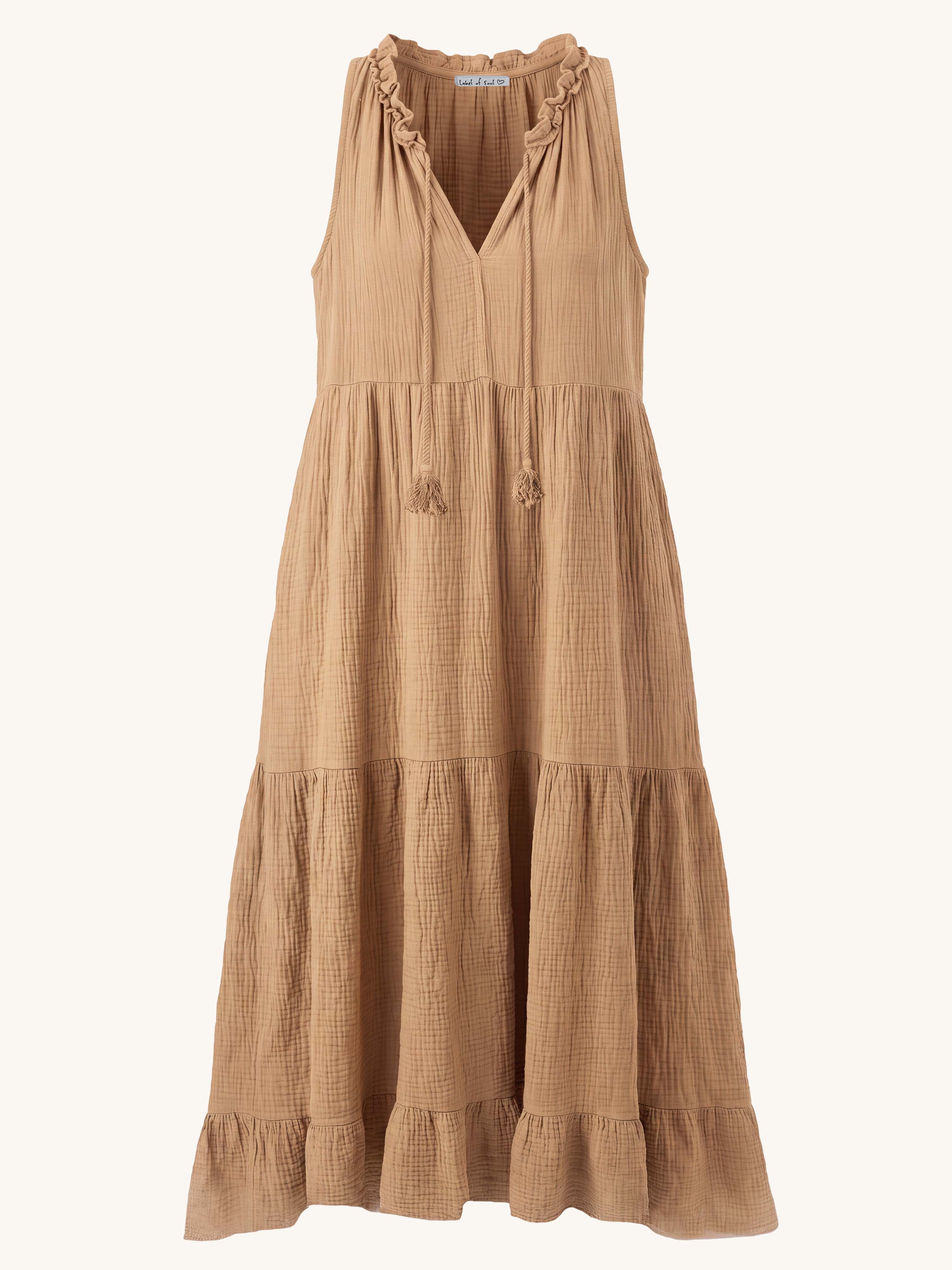 Ärmelloses Musselin Kleid - Camel