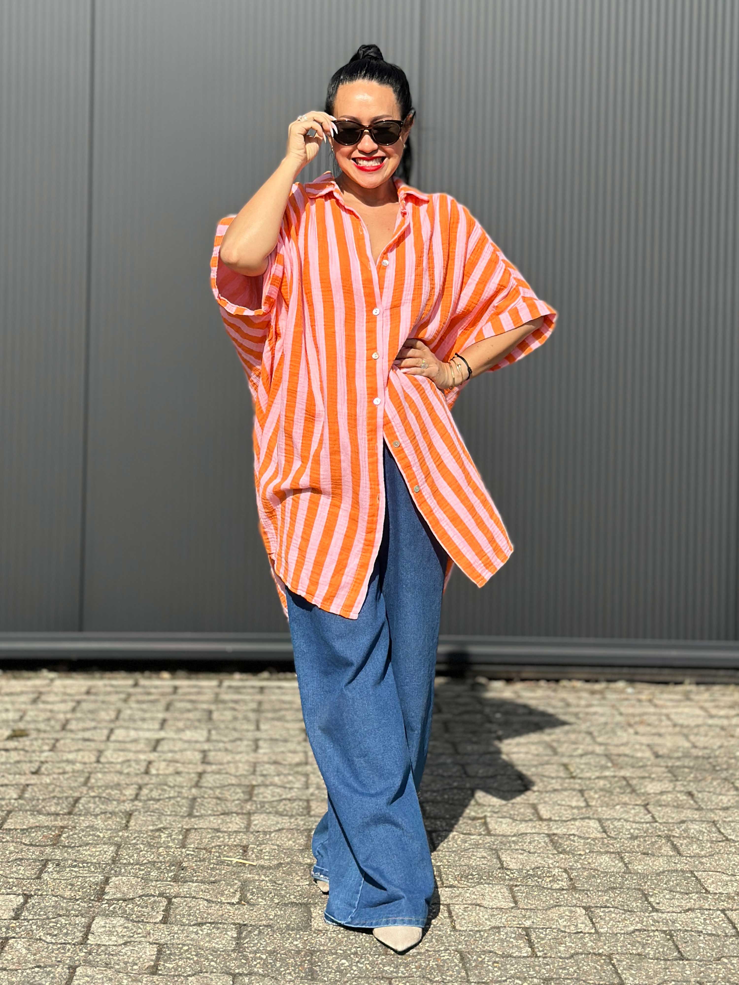 Musselin Oversize Kurzarm Bluse Long - BIG STRIPES - Lollipop