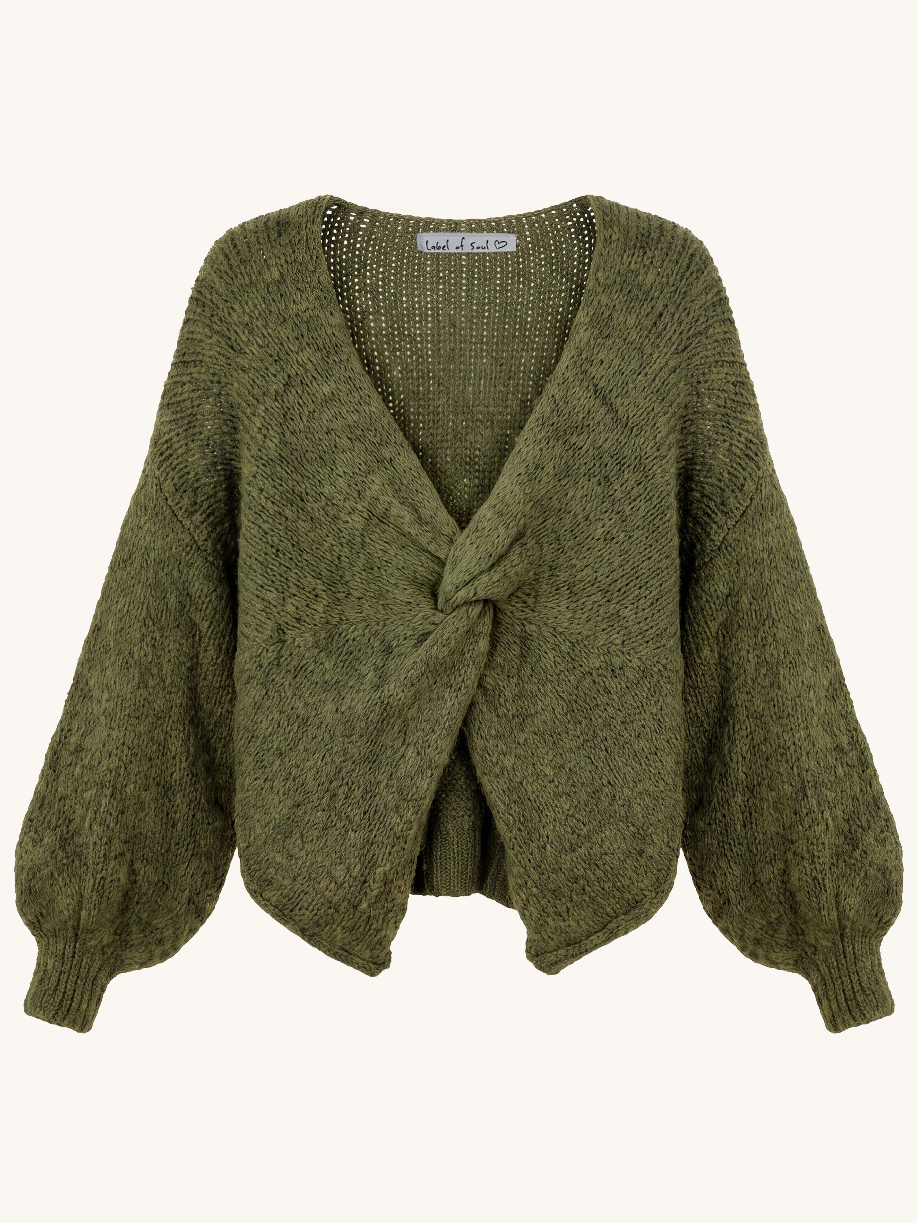 Oversize Cropped Strickpullover mit Knoten - FLAUSCHI - Olive