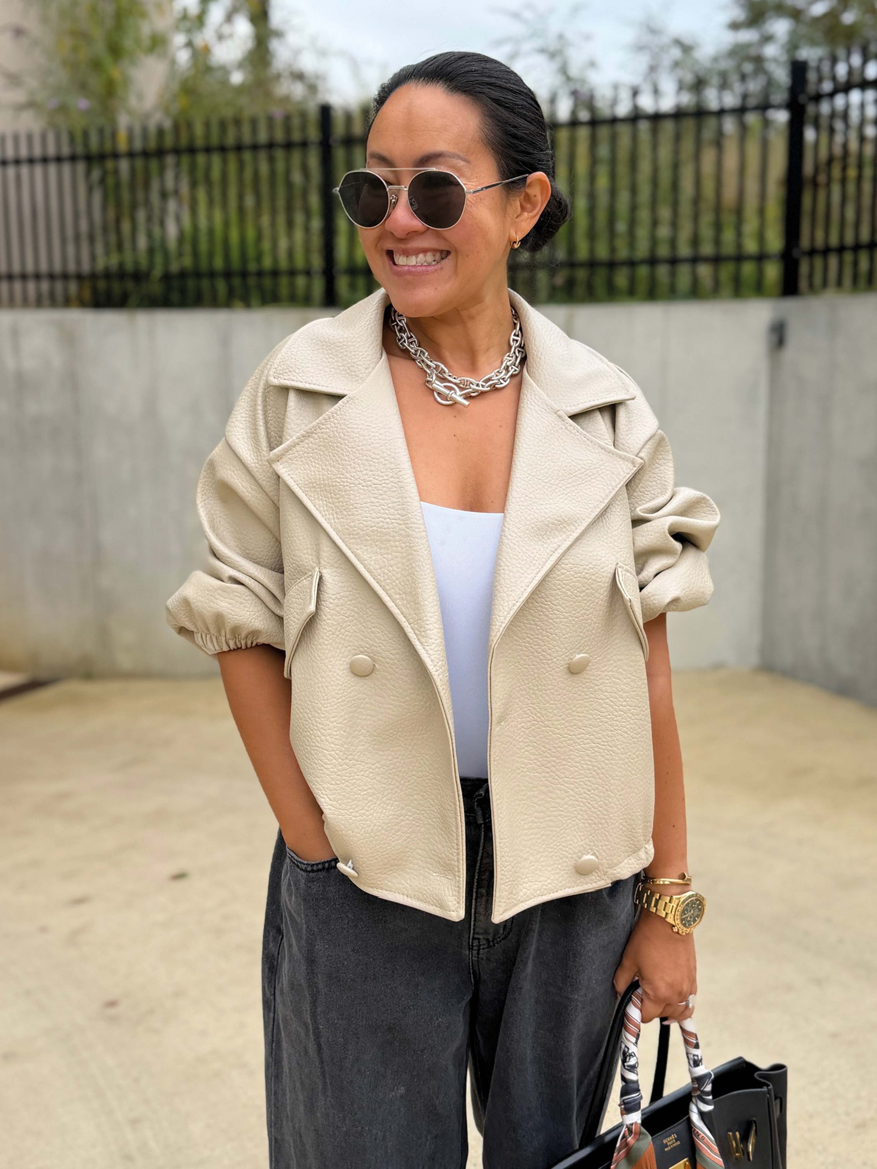 Kunstleder Blazer Jacke - Beige
