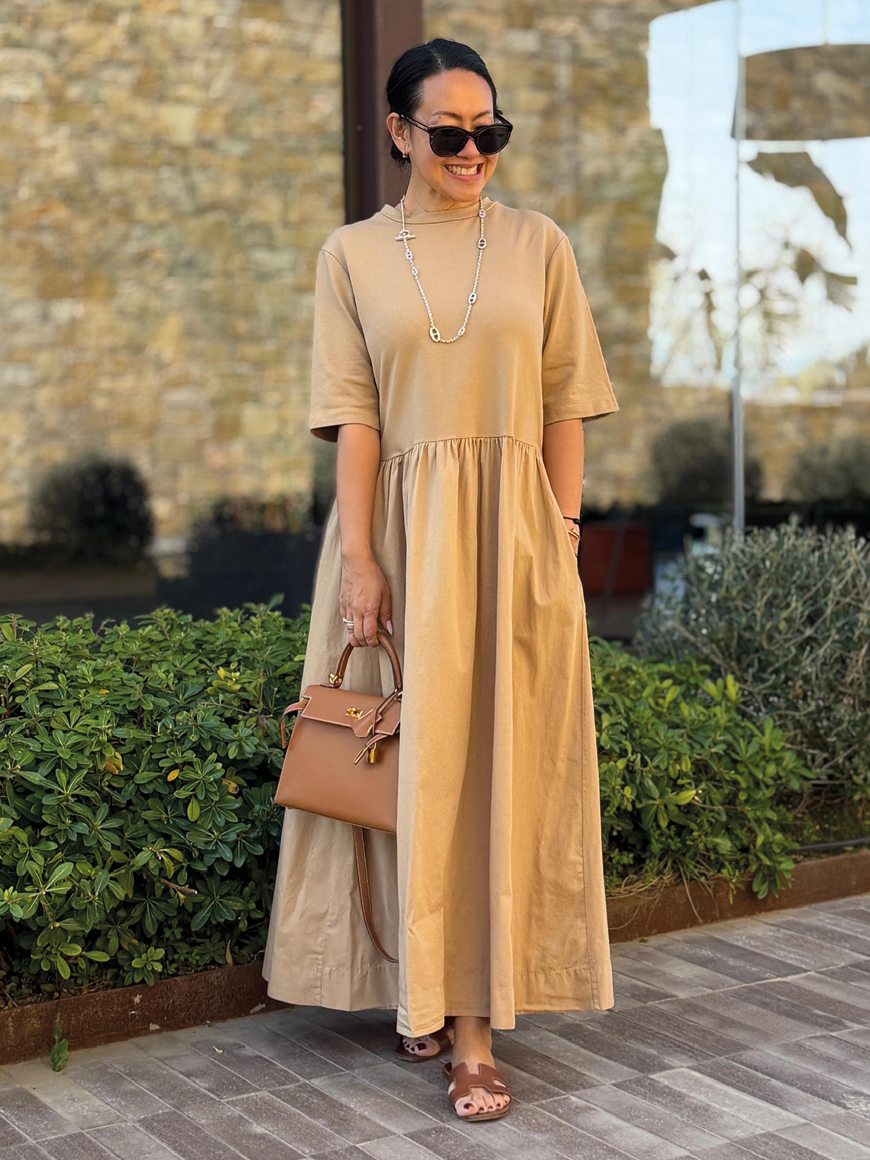 Kurzarm Cotton Kleid mit Seitentaschen - Camel