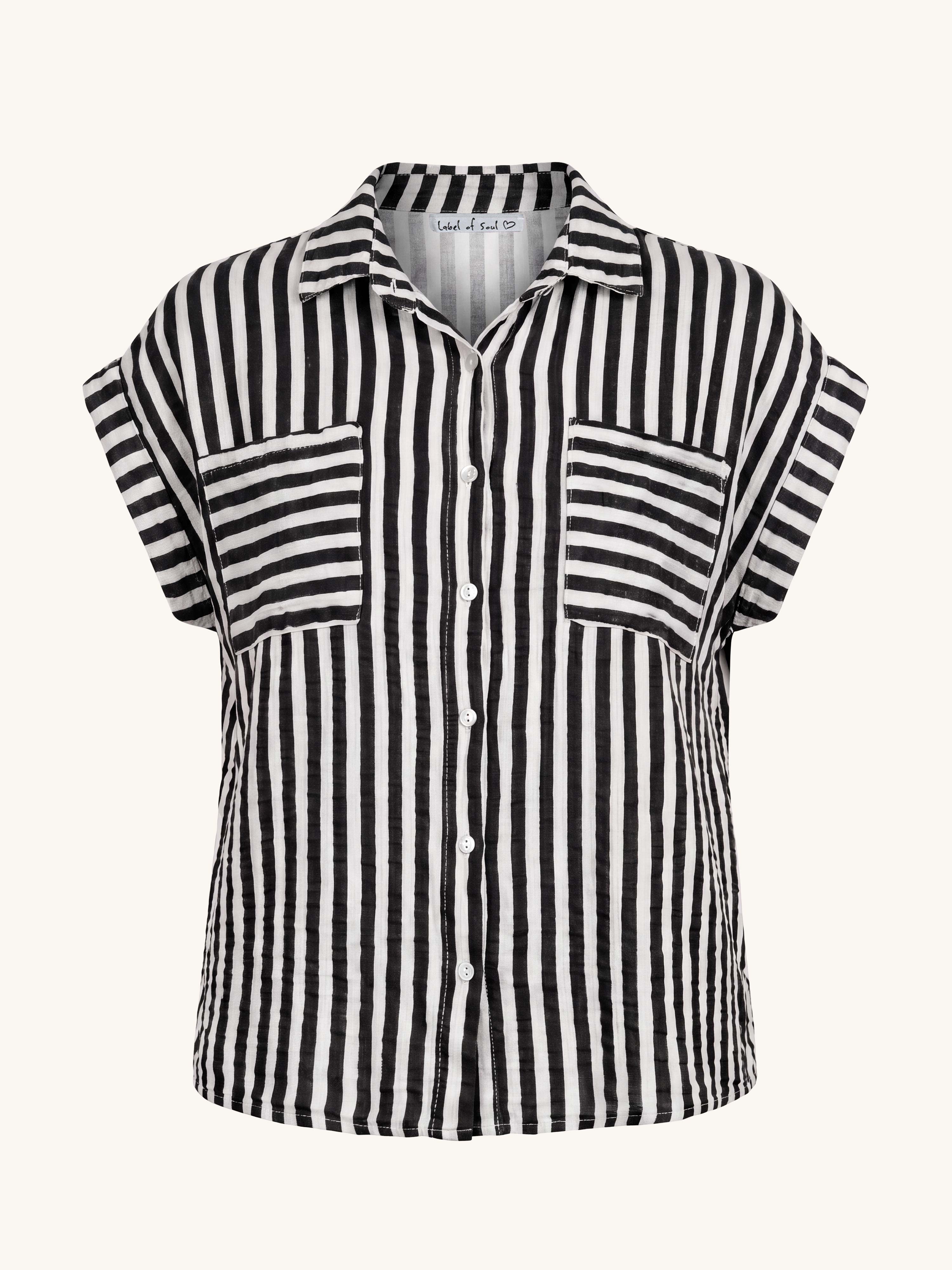 Ärmellose Musselin Bluse mit Taschen - STRIPES - Schwarz/Creme
