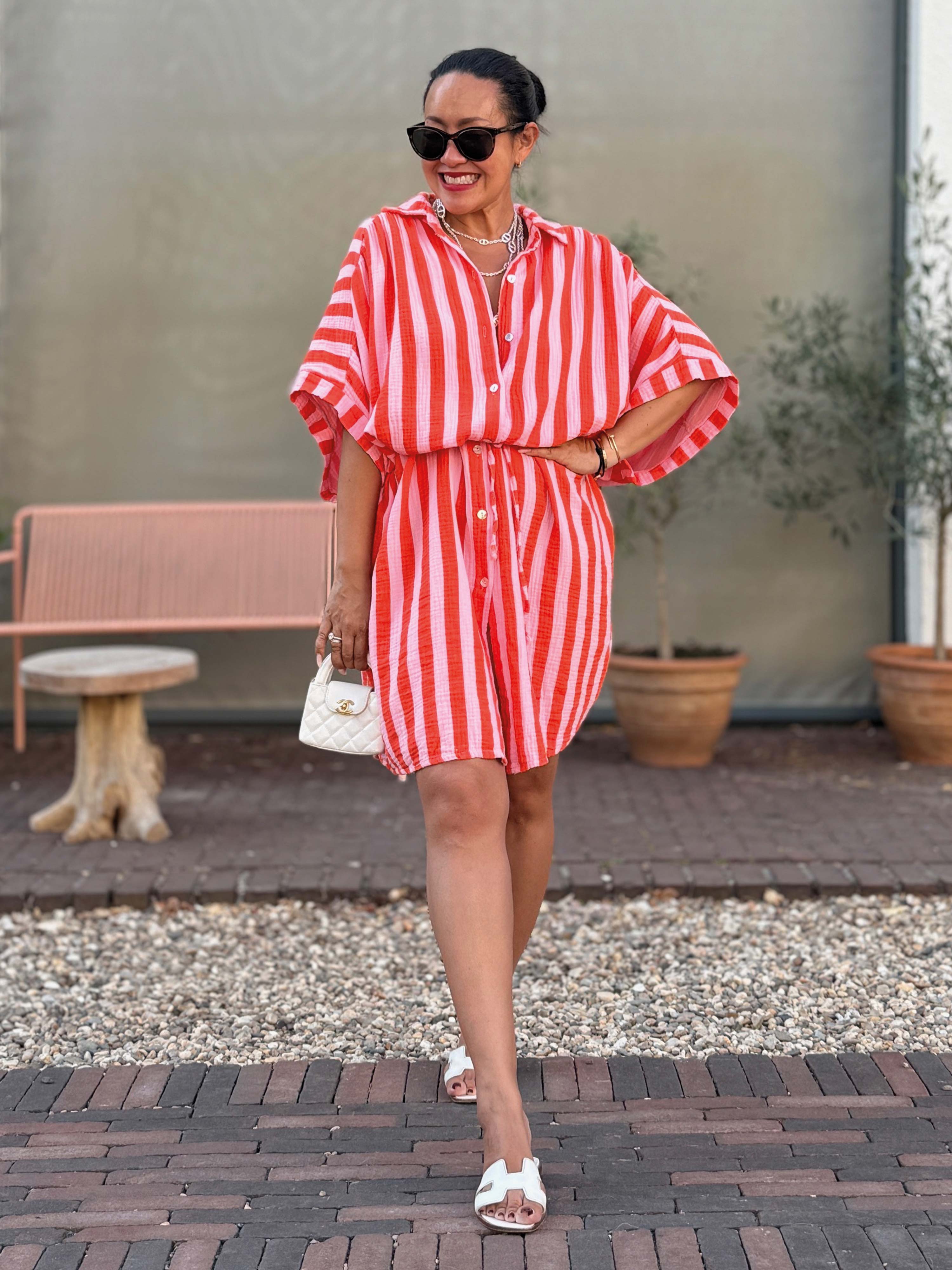Musselin Oversize Kurzarm Blusenkleid - LANA - BIG STRIPES Lollipop