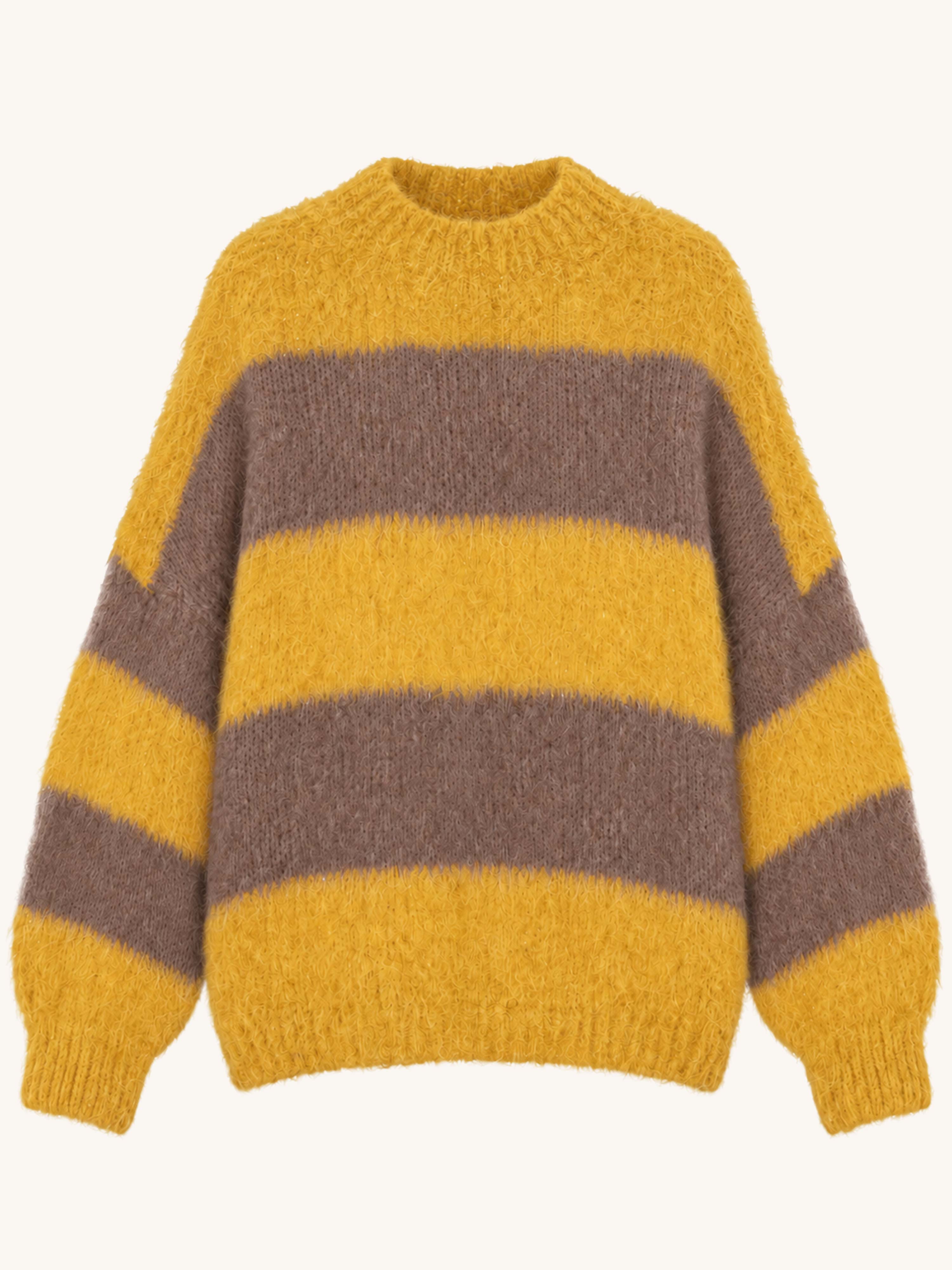 Oversize Strickpullover mit Stehkragen FLUFFY - STRIPES - Senf/Fango