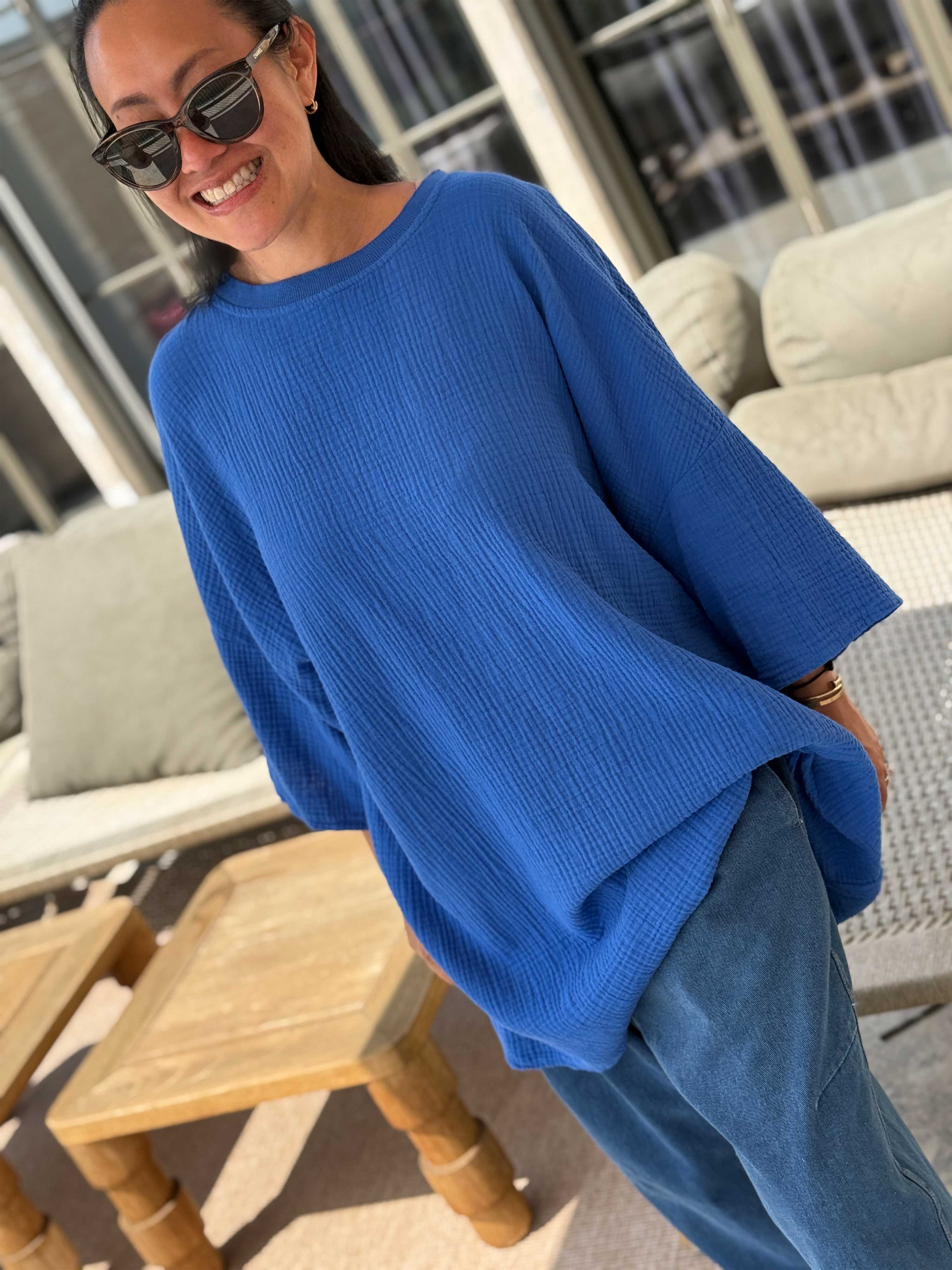Musselin Oversize Kurzarm Shirt - Royalblau Musselin Oversize Kurzarm Shirt - Royalblau
