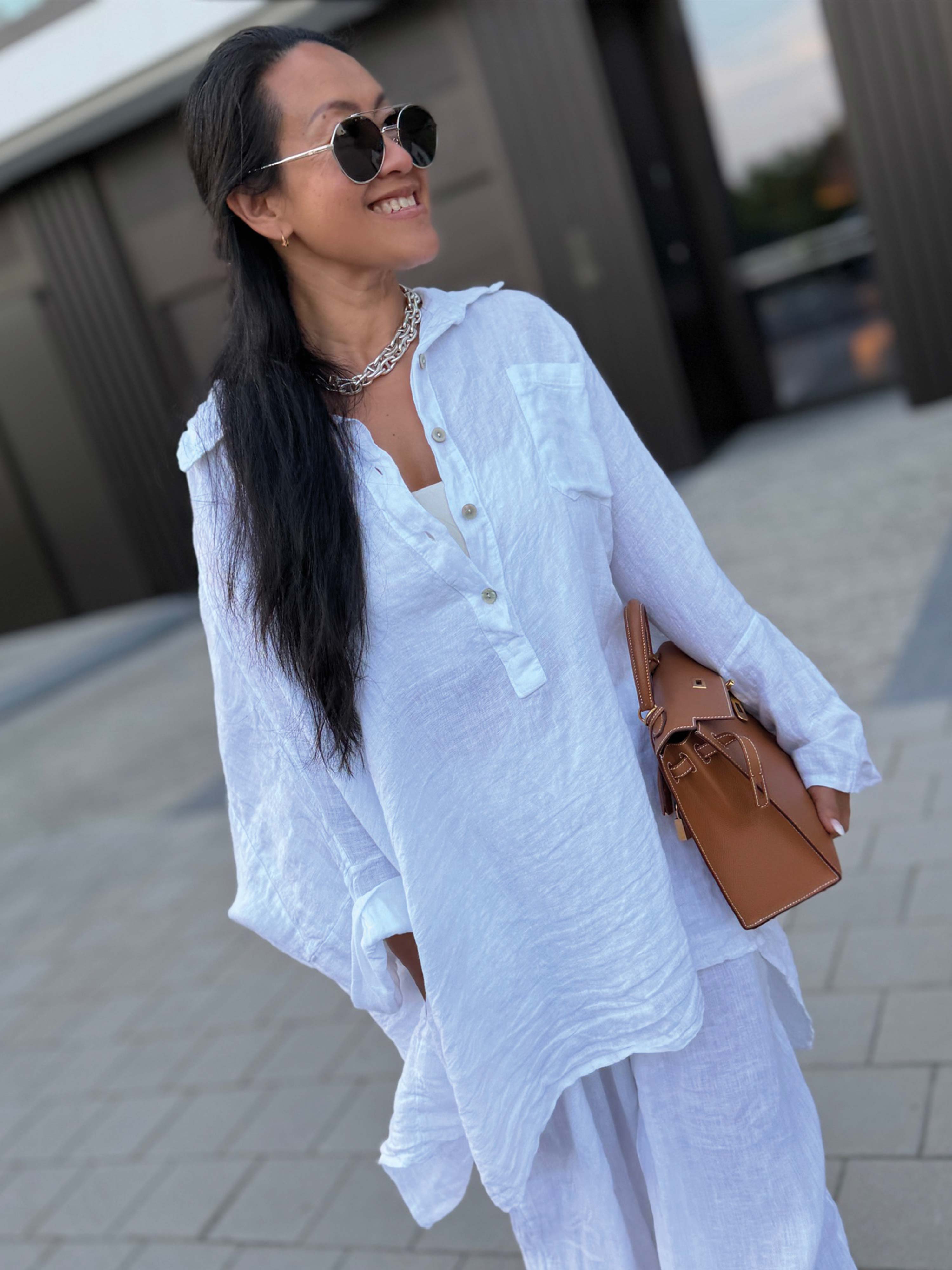 Leinen Oversize Bluse mit Seitentaschen - Weiss