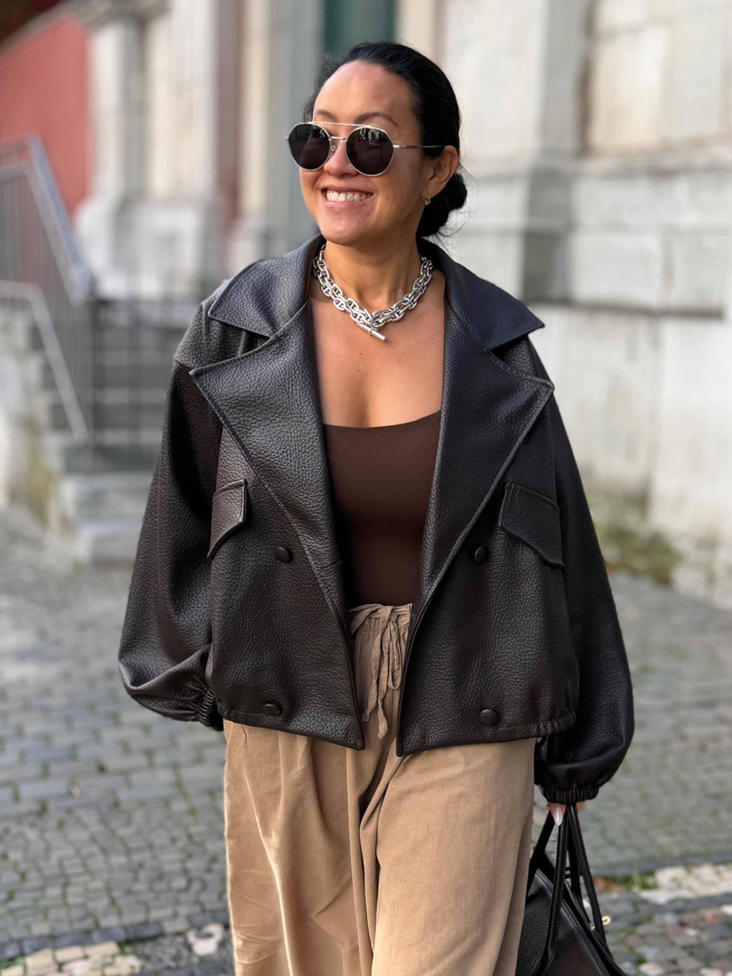 Kunstleder Blazer Jacke - Schoko