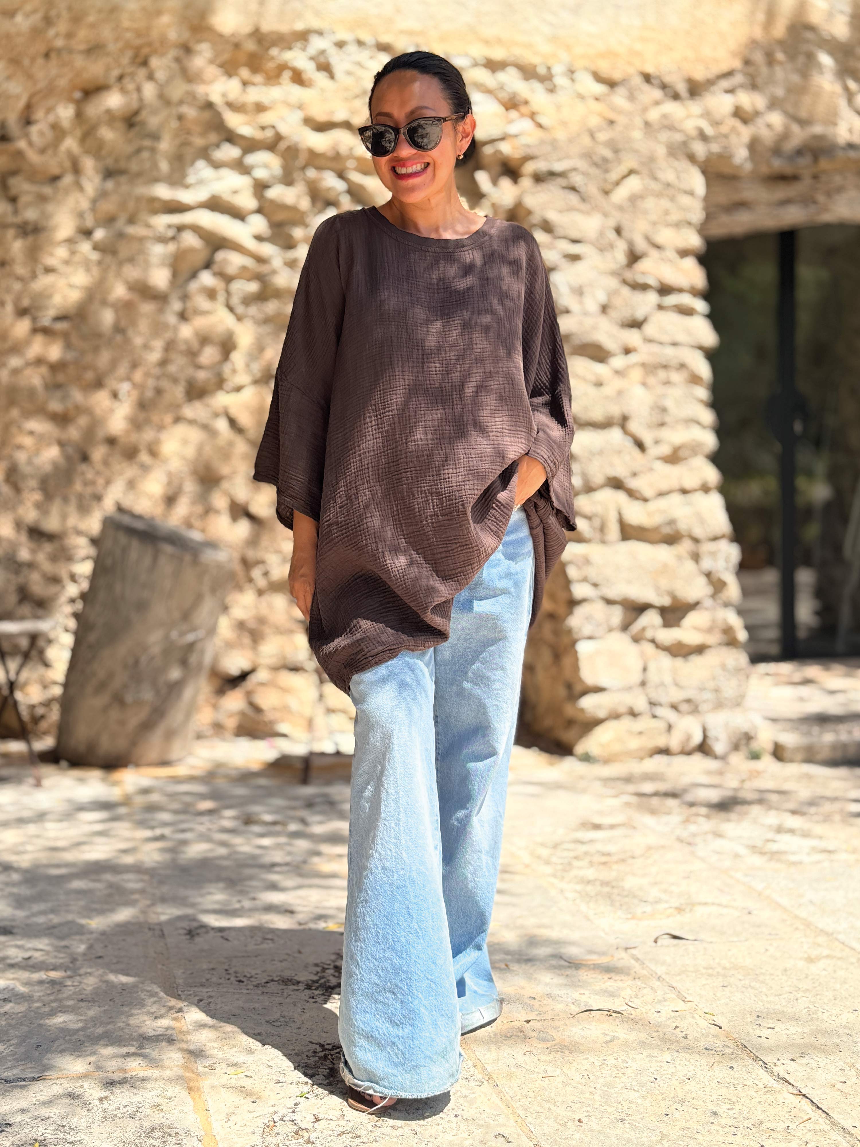Musselin Oversize Kurzarm Shirt - Schoko