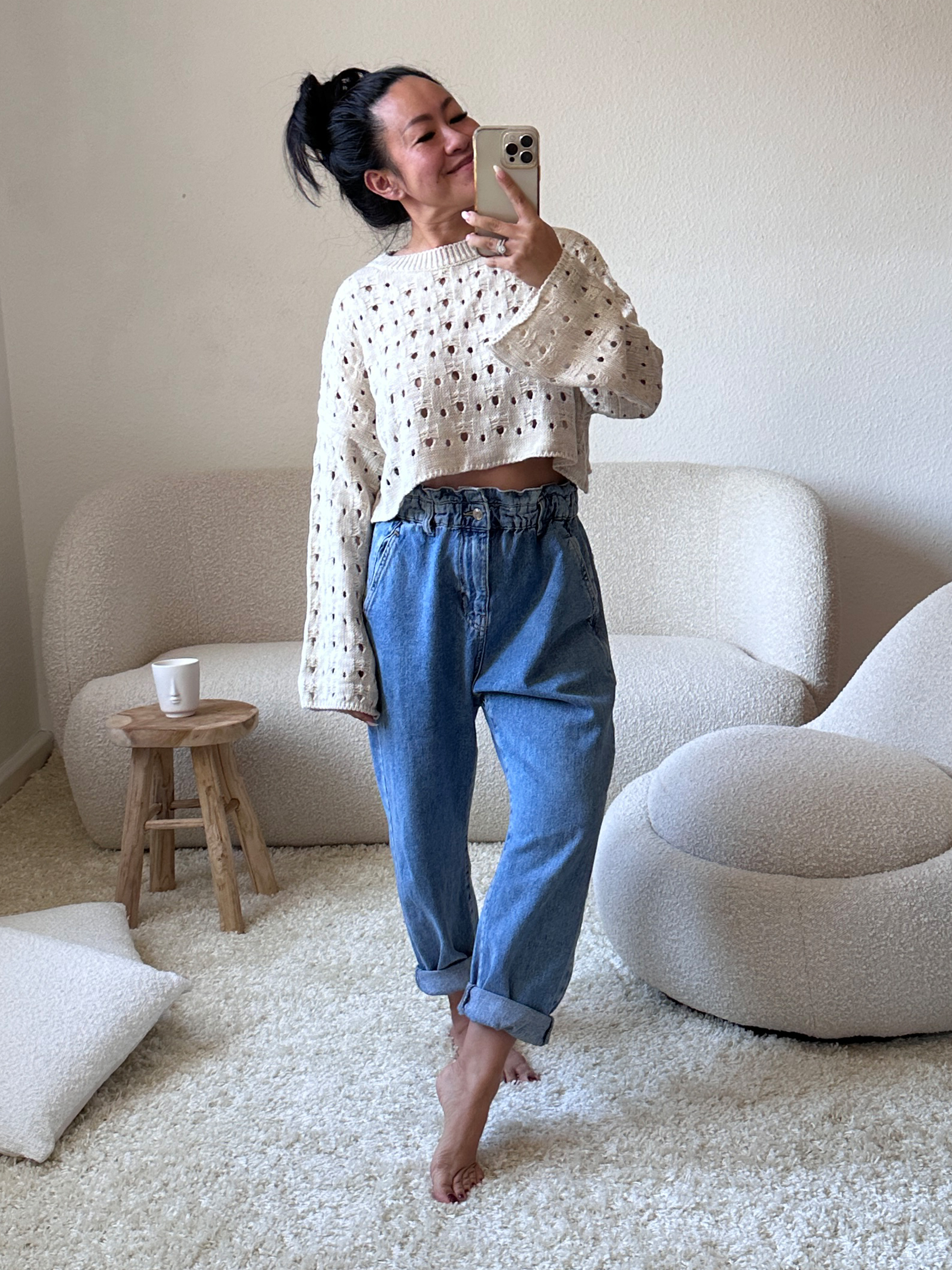 CROPPED Pullover mit Lochstrickmuster - Beige