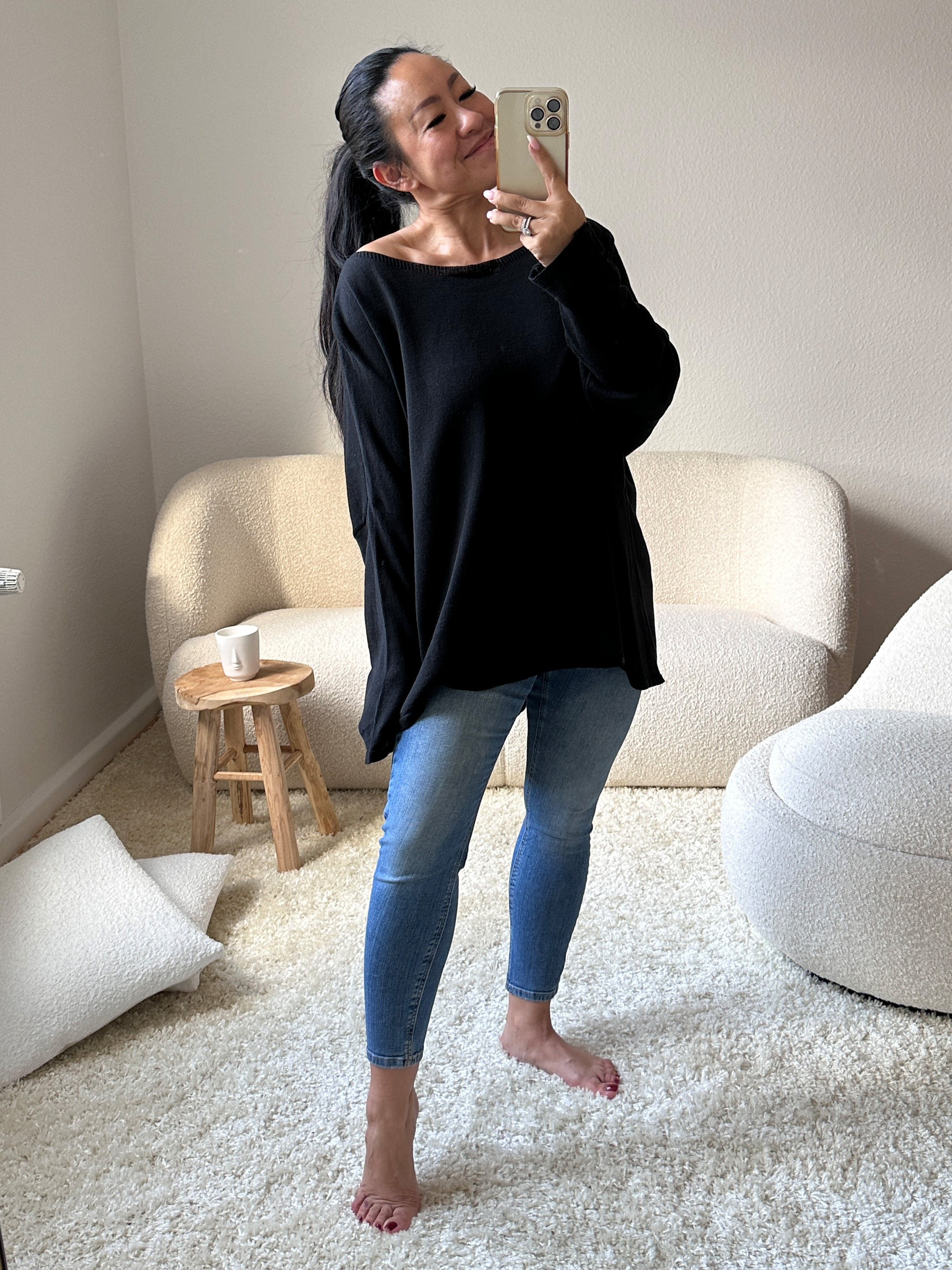 Oversize SPRING Vokuhila Pullover mit Rundhalsausschnitt - Schwarz