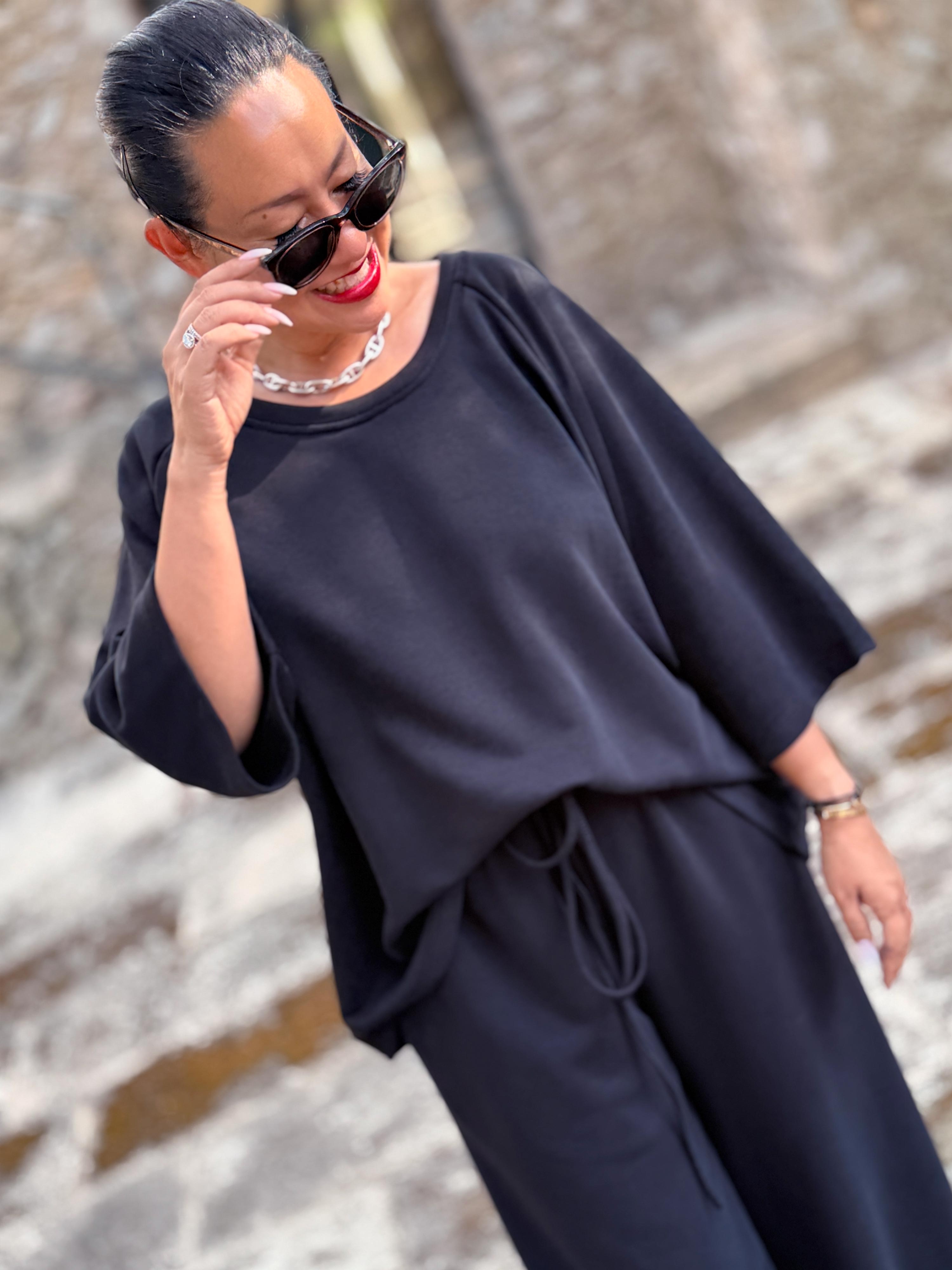 Basic Oversize Kurzarm Sweatshirt - LOUNGE - Schwarz