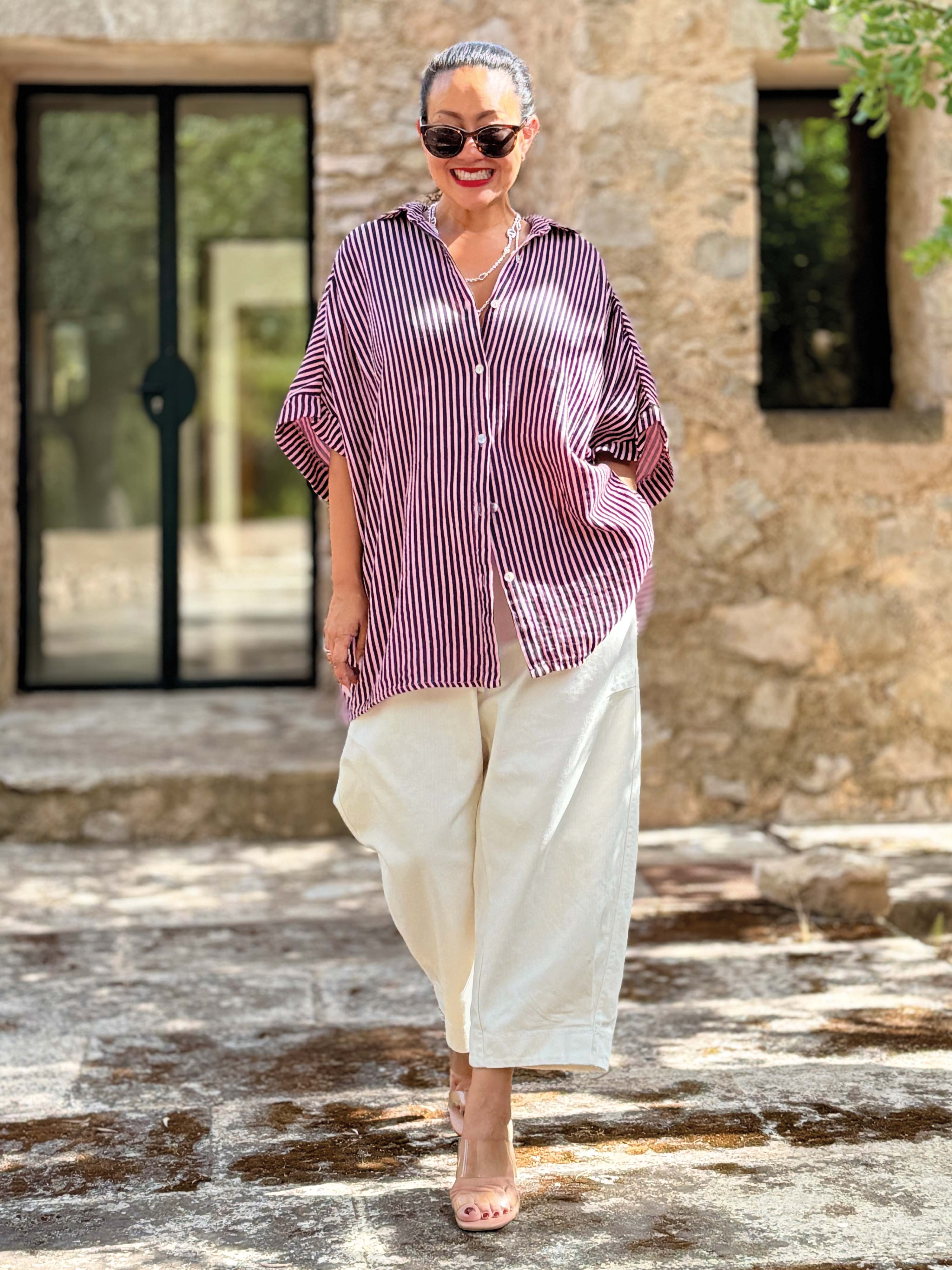 Musselin Oversize Kurzarm Bluse MIDI - Stripes - Schwarz/Rosa