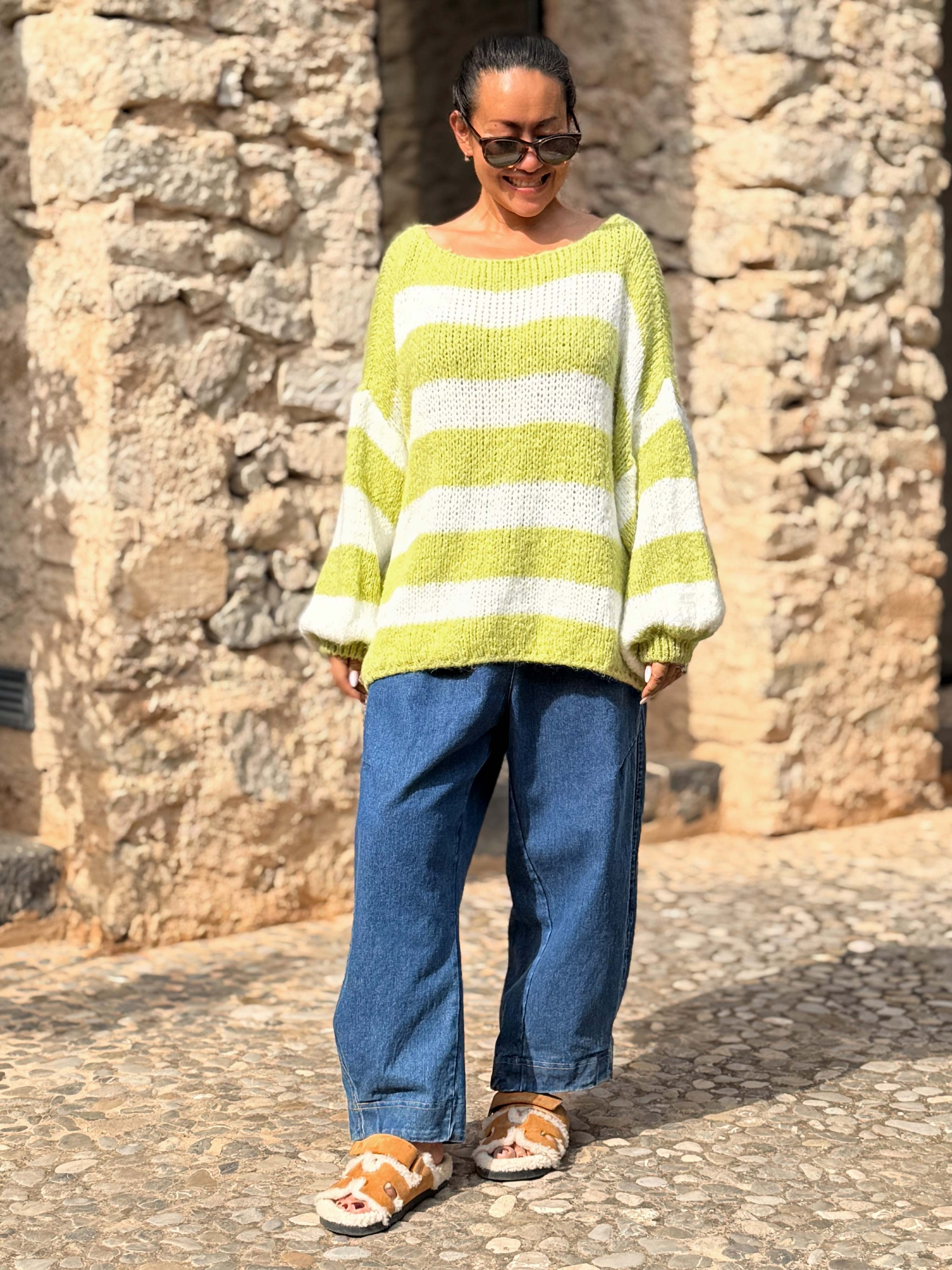 Oversize Cropped Strickpullover - FLAUSCHI - STRIPES - Pistazie