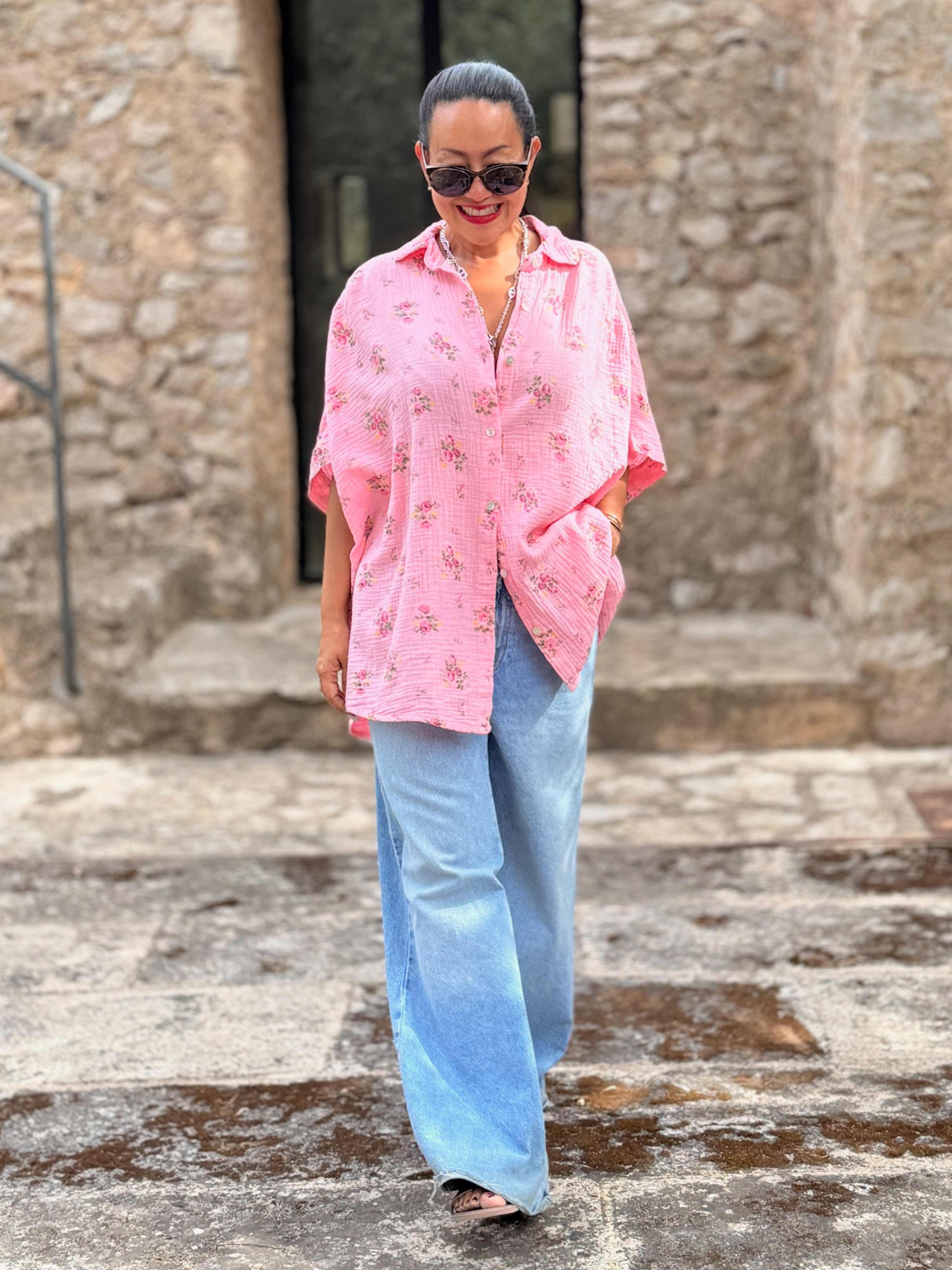 Musselin Oversize Kurzarm Bluse MIDI - Blossom