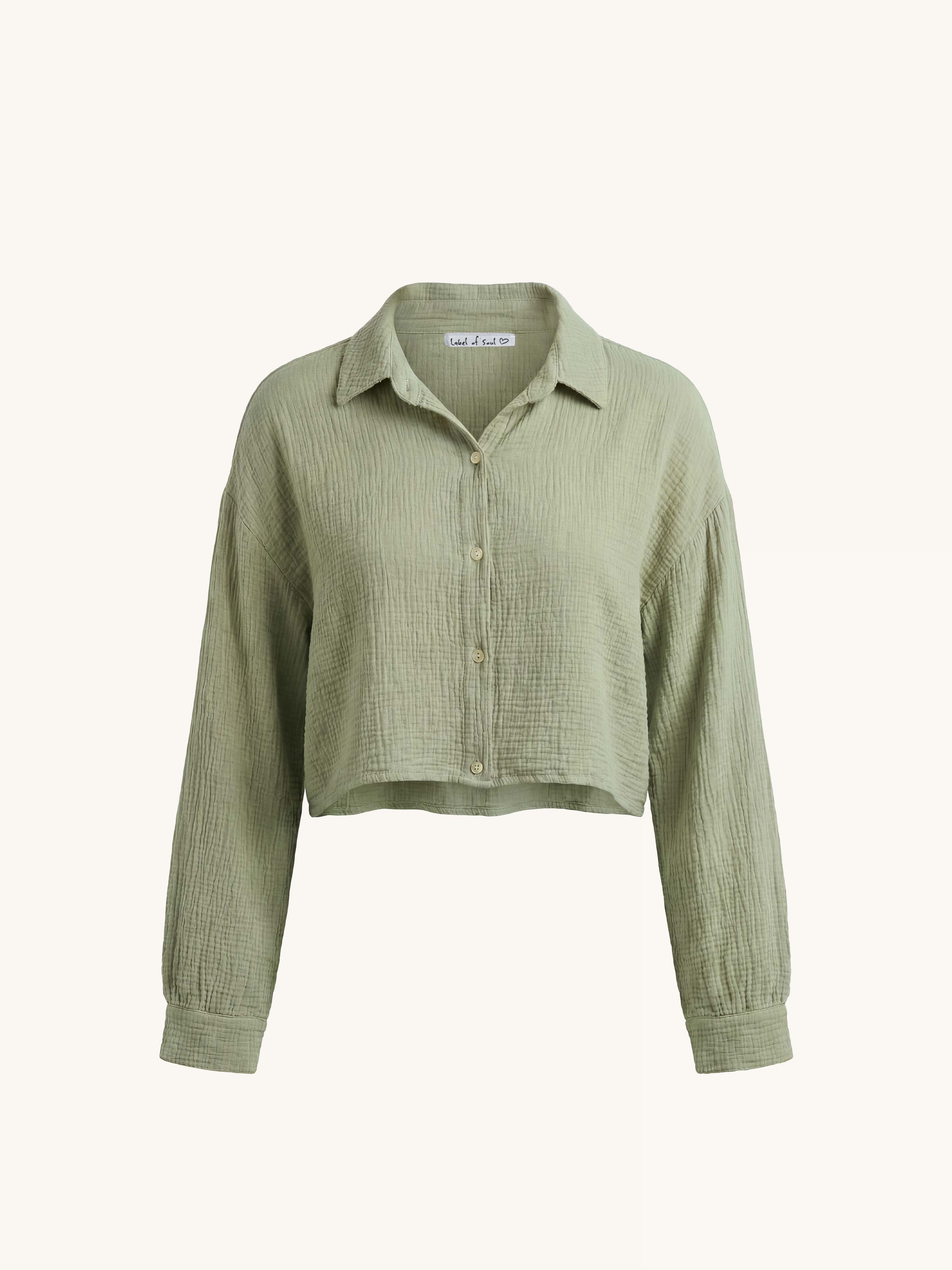 Musselin Cropped Bluse mit Kragen - Matcha