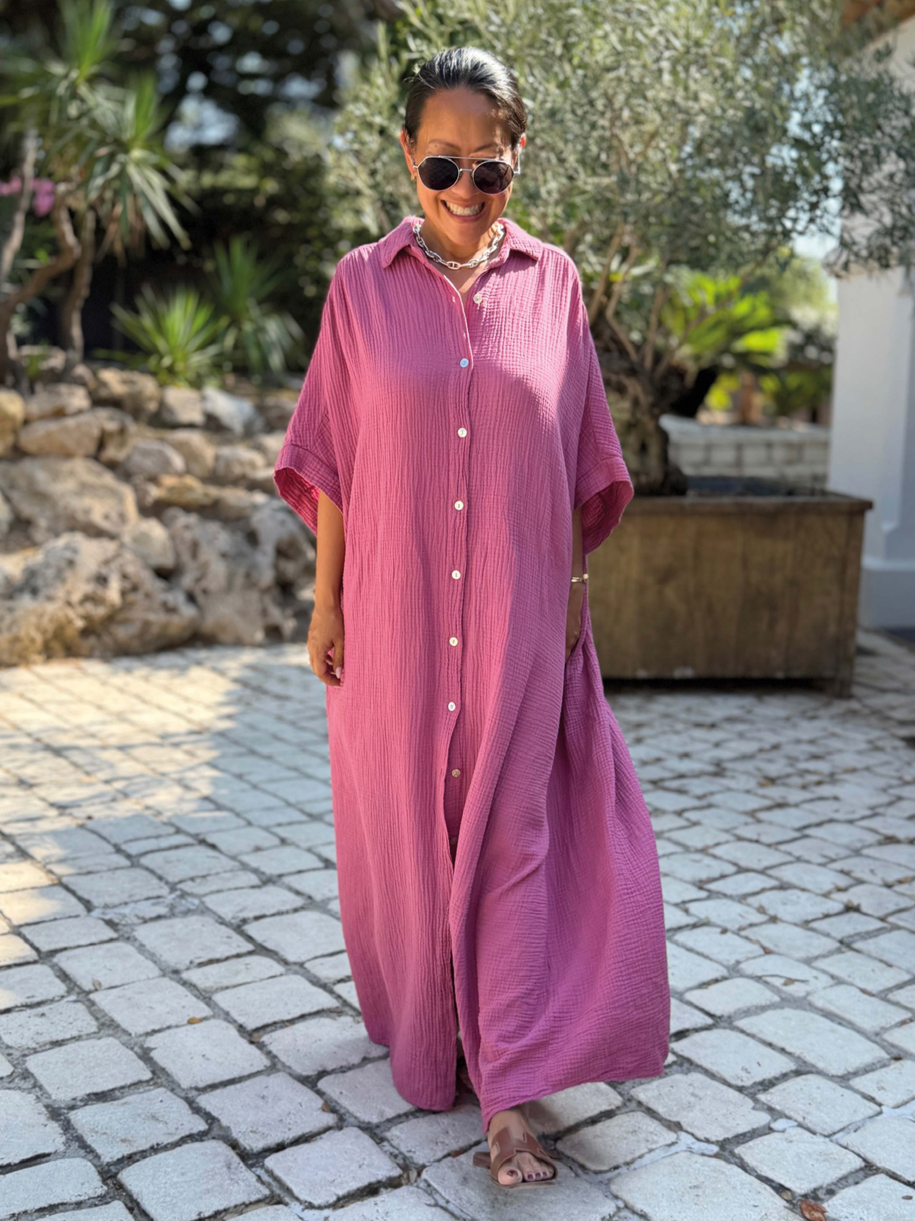 Musselin Oversize Kurzarm Blusenkleid - CAPRI - Beere
