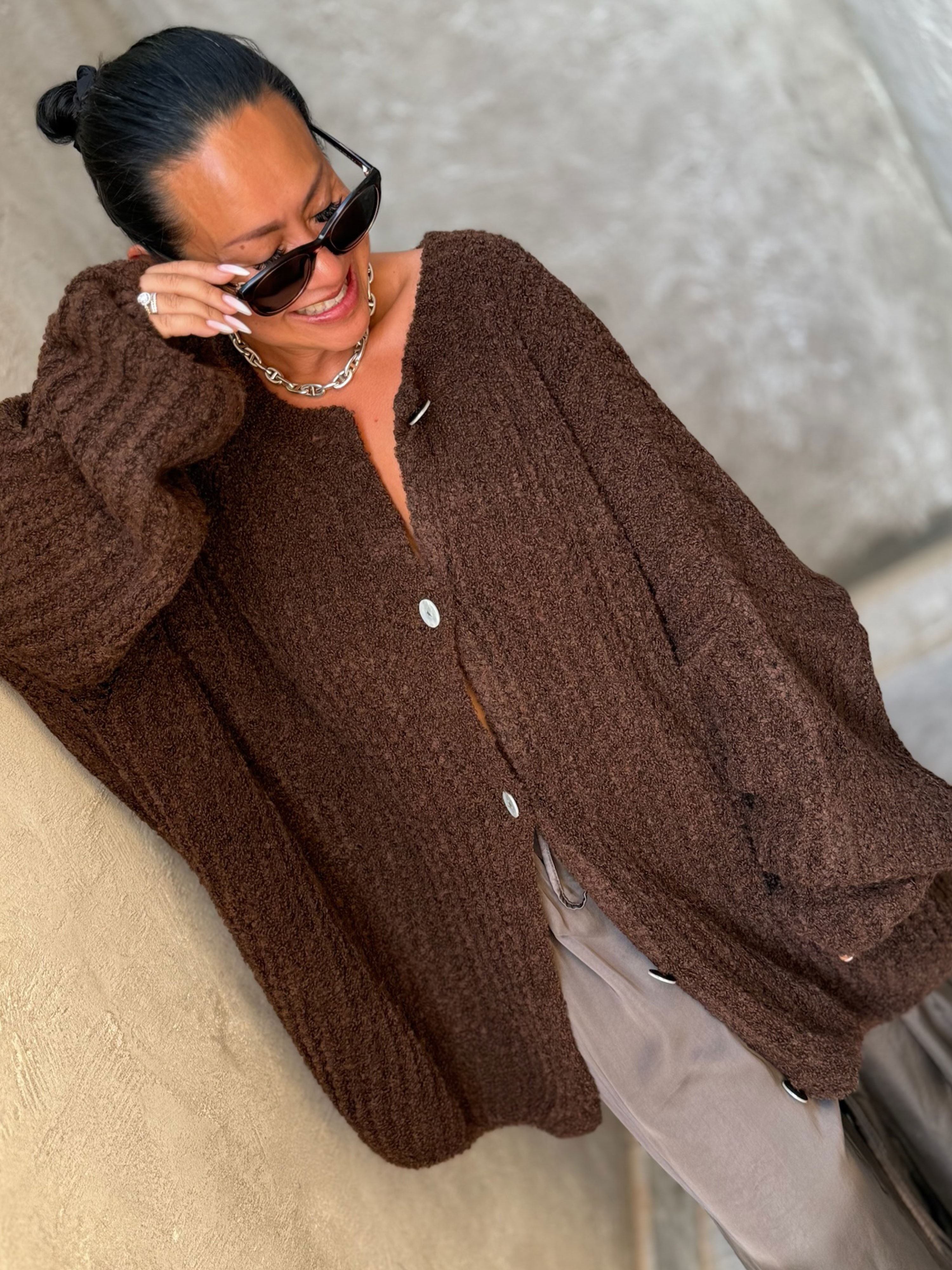 Oversize Bouclé Grob Strickjacke - Schoko